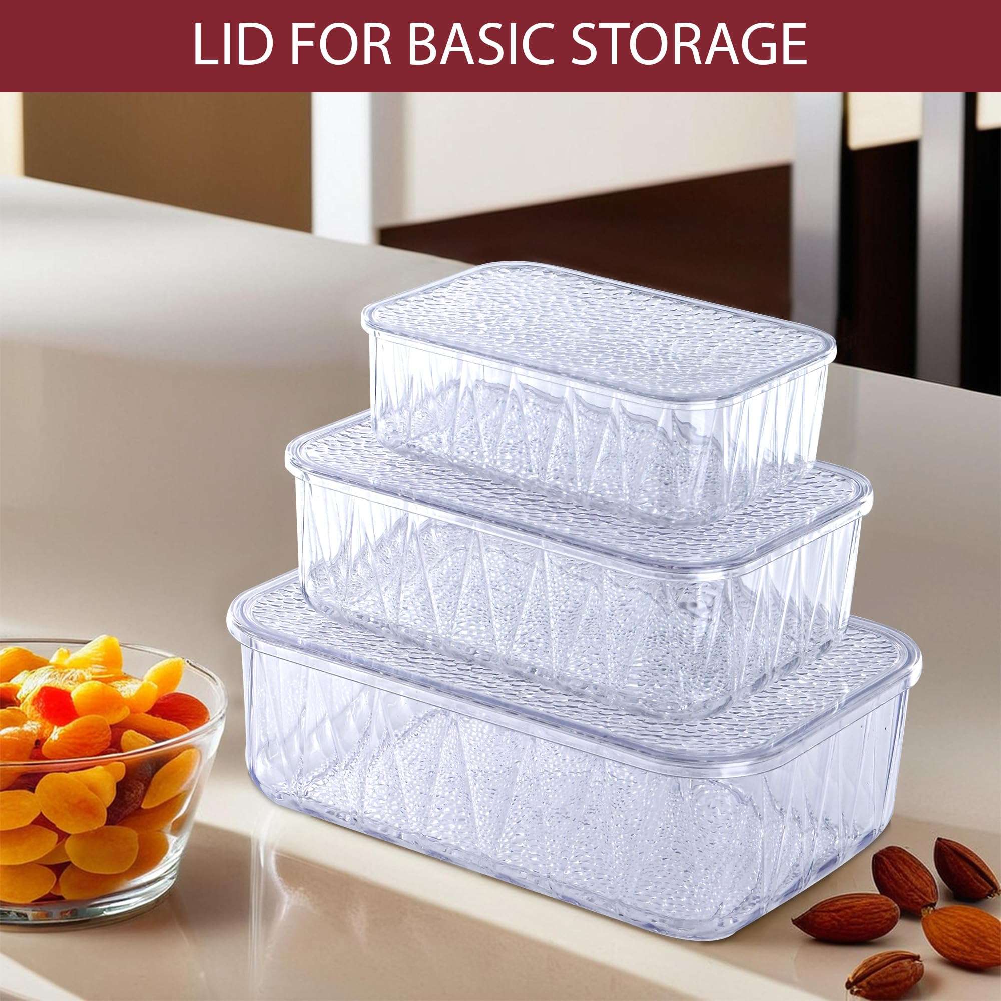 Kuber Industries 3 Pcs Acrylic 1200-2700-4600 ml Kitchen Food Storage Container for Home with Lid | Freeze Organizer Items and Storage Organizer Box for Snacks and Dry Fruits | Transparent 6