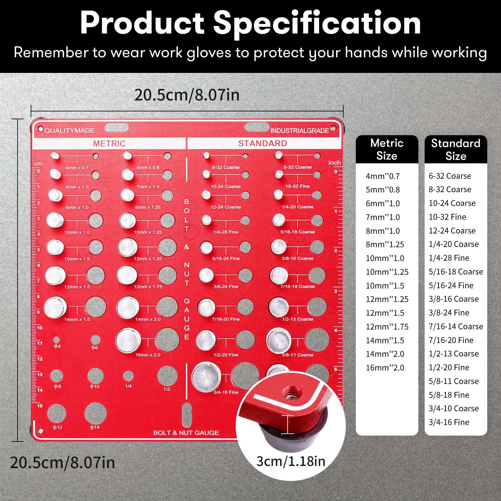 42 Nut and Bolt Thread Checker, Bolt Size and Thread Gauge Standard and Metric with 19 Standard & 15 Metric Bolt Identifying from #6 to 3/4" & 4mm to 16mm（Red 3