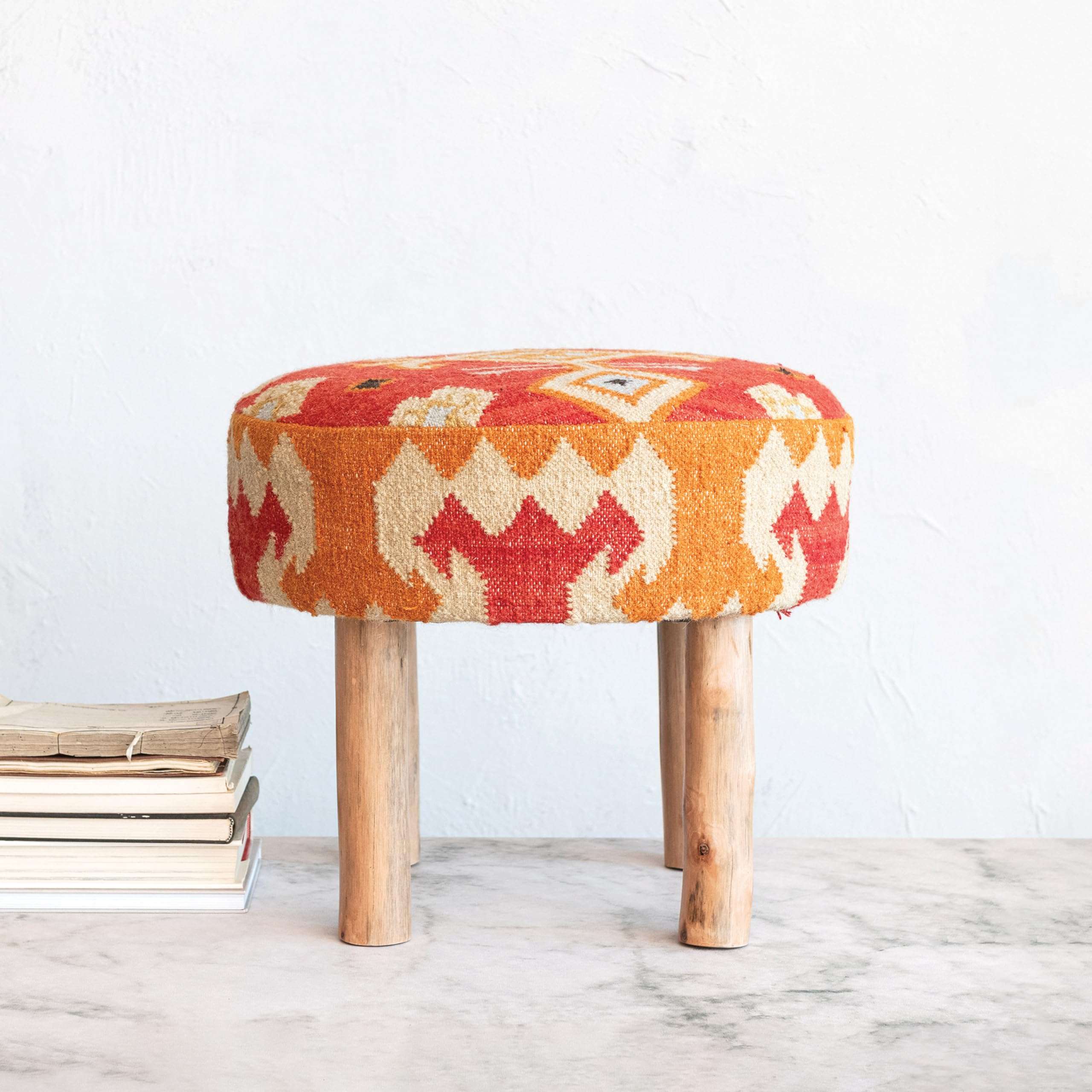 Creative Co-Op Round Cotton and Wool Kilim Stool with Wood Legs, Natural and Orange 1
