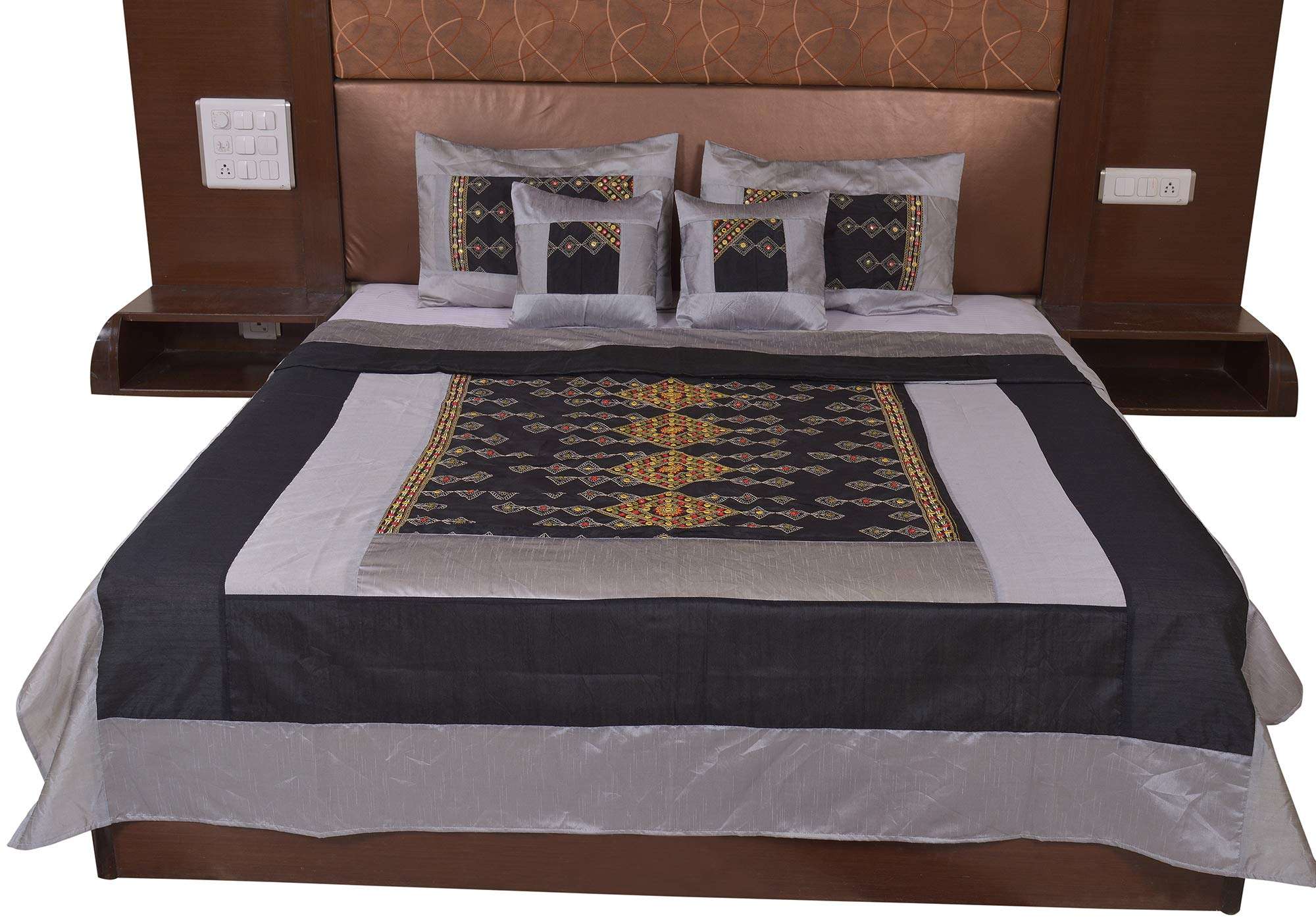 JABAMA® Multi Polysilk Rajwada Mirror Work Bed Cover with 2 Pillow Cover & 2 Cusion Cover Set 1