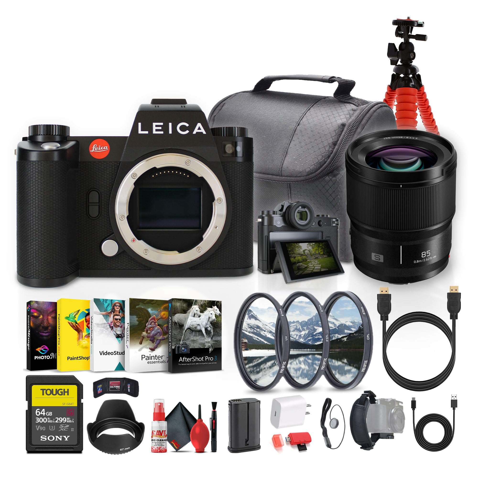 Leica SL3 Mirrorless Digital Camera (10607) + Panasonic S 85mm Lens + 64GB Memory Card + Photography Software + Lens Filter Kit + Camera Bag + Flexible Tripod + Cleaning Kit + USB-C Cable + More 1