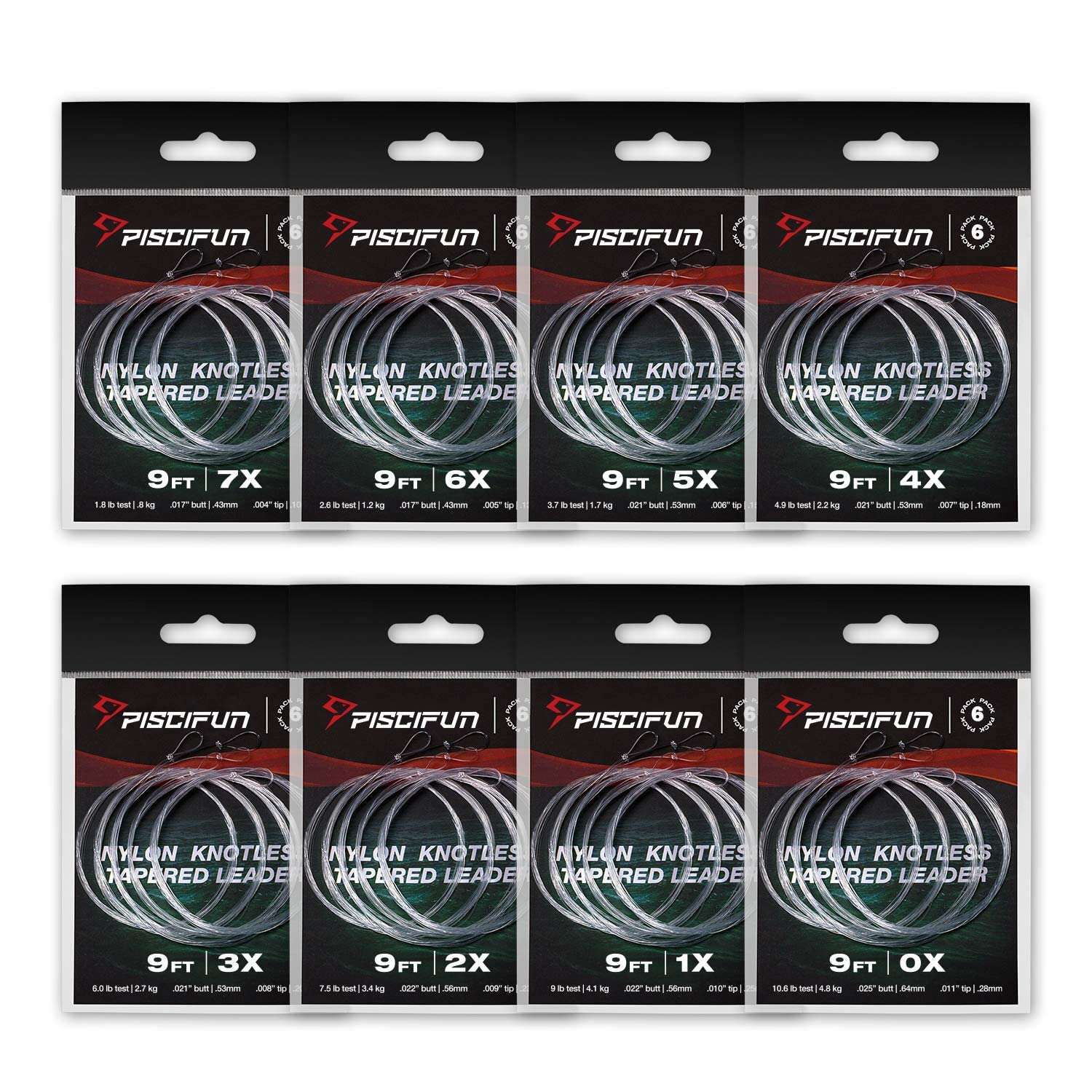 Piscifun Fly Fishing Leader with Pre-Tied Loop, Tapered Fly Line Leader, Nylon, Clear, 7.5ft, 6 Pack, 6X 5