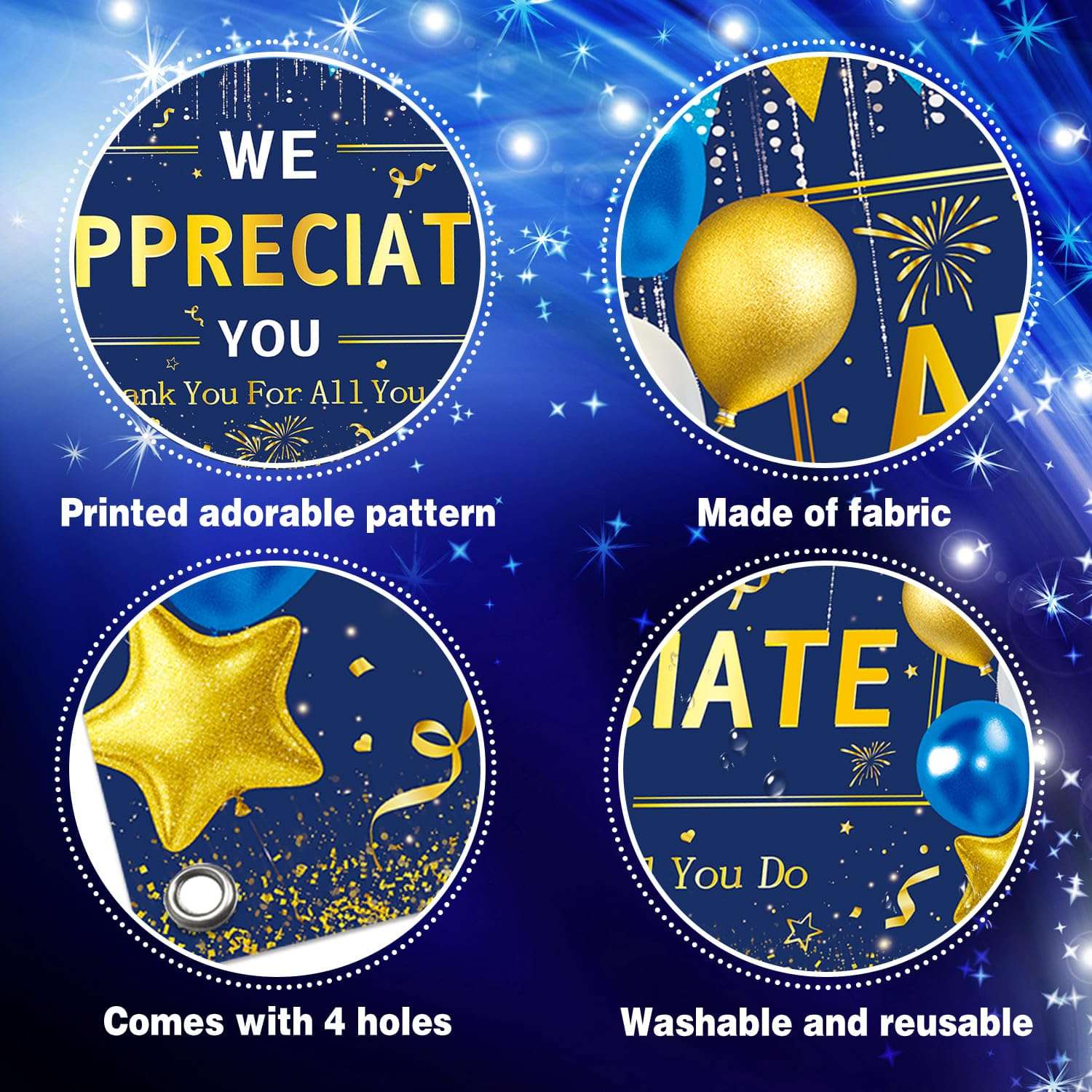 We Appreciate You Banner Backdrop, Blue Gold Thank You for All You Do Backdrop Party Decorations, 5.9×3.6ft, Pastor Employee Teacher Doctor Nurse Staff Thanks Party Supplies 5