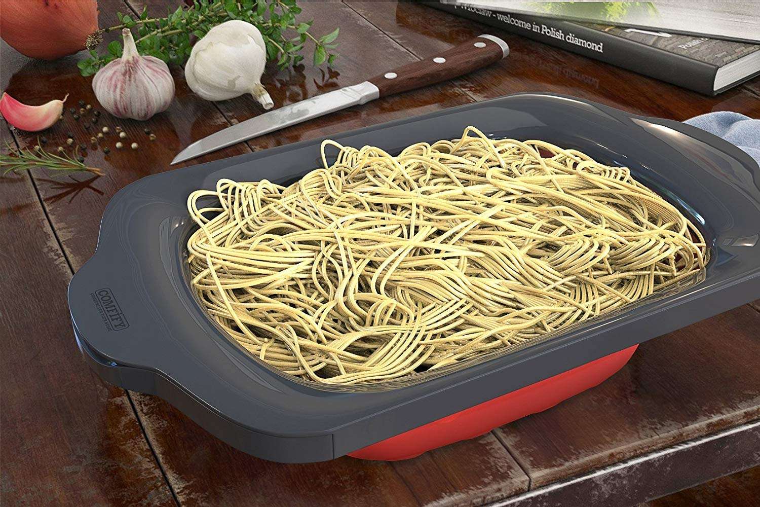 Koyet Colander Collapsible,Colander Strainer Over The Sink Veggies/Fruit Strainers and Colanders with Extendable Handles, Folding Strainer for Kitchen,BPA Free (Red&Grey) 4