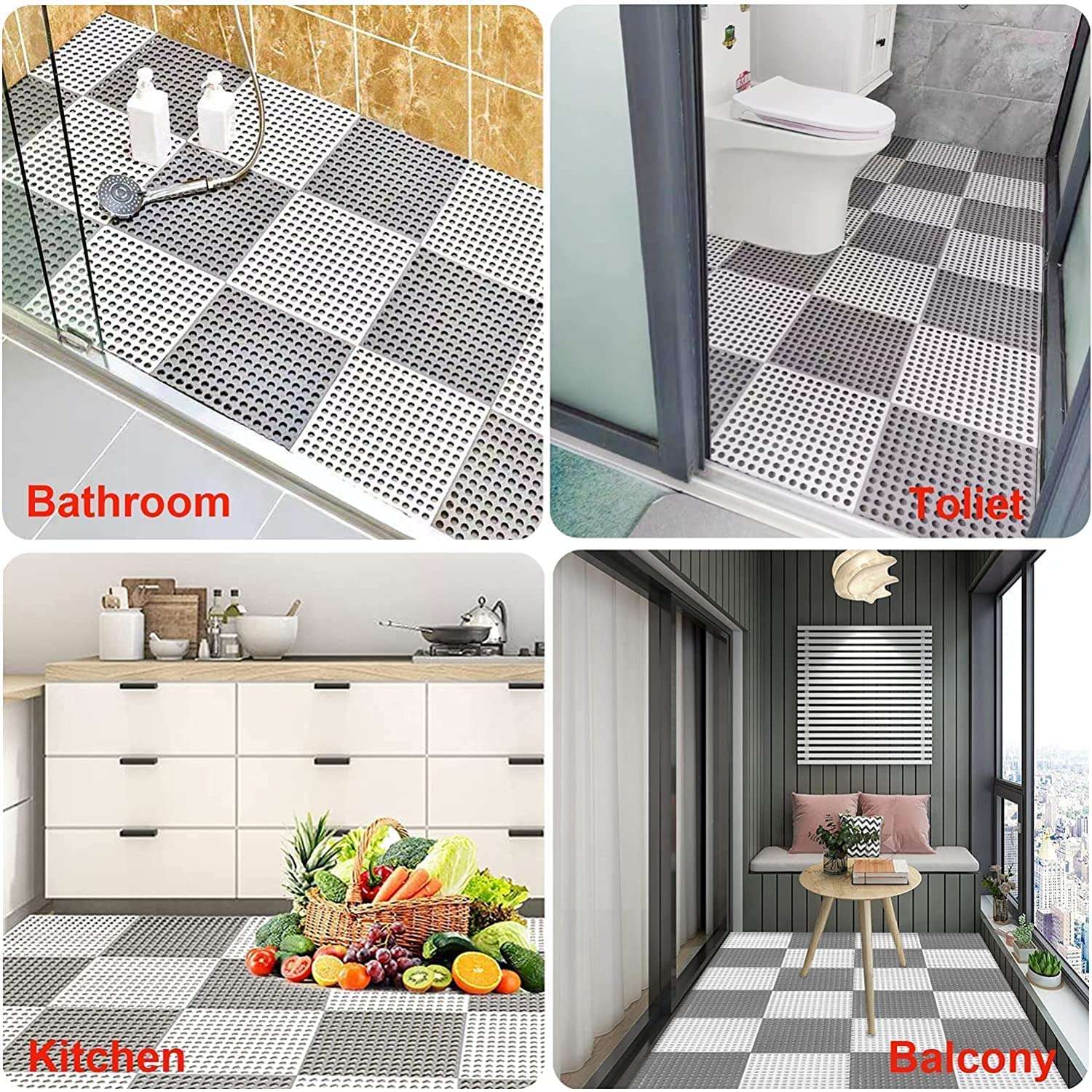 Stibnite Bath Mat, Interlocking Soft PVC Floor Tile Mat Square DIY Mat 12 x12 Inch, with Suction Cups, Massage Design and Drain Holes for Kitchen Bathroom Shower Pool Balcony (12) (12 x 12 inch, 12) 4