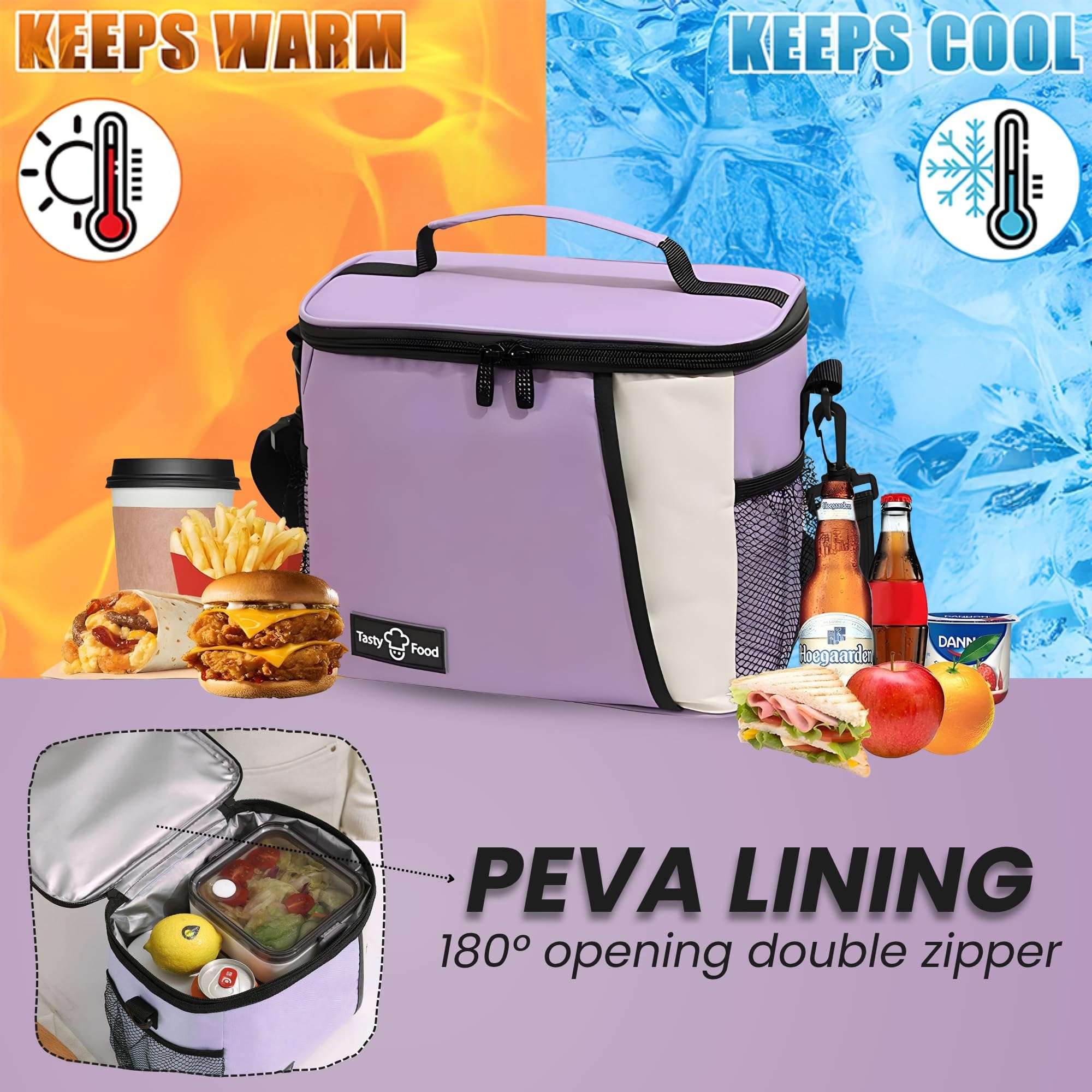 OCEANEVO Insulated Lunch Bag with Luggage Tag, Tiffin Bag for Office with Handle and Shoulder Strap for Men and Women - 25 x 17.5 x 20 Cm - Purple 5