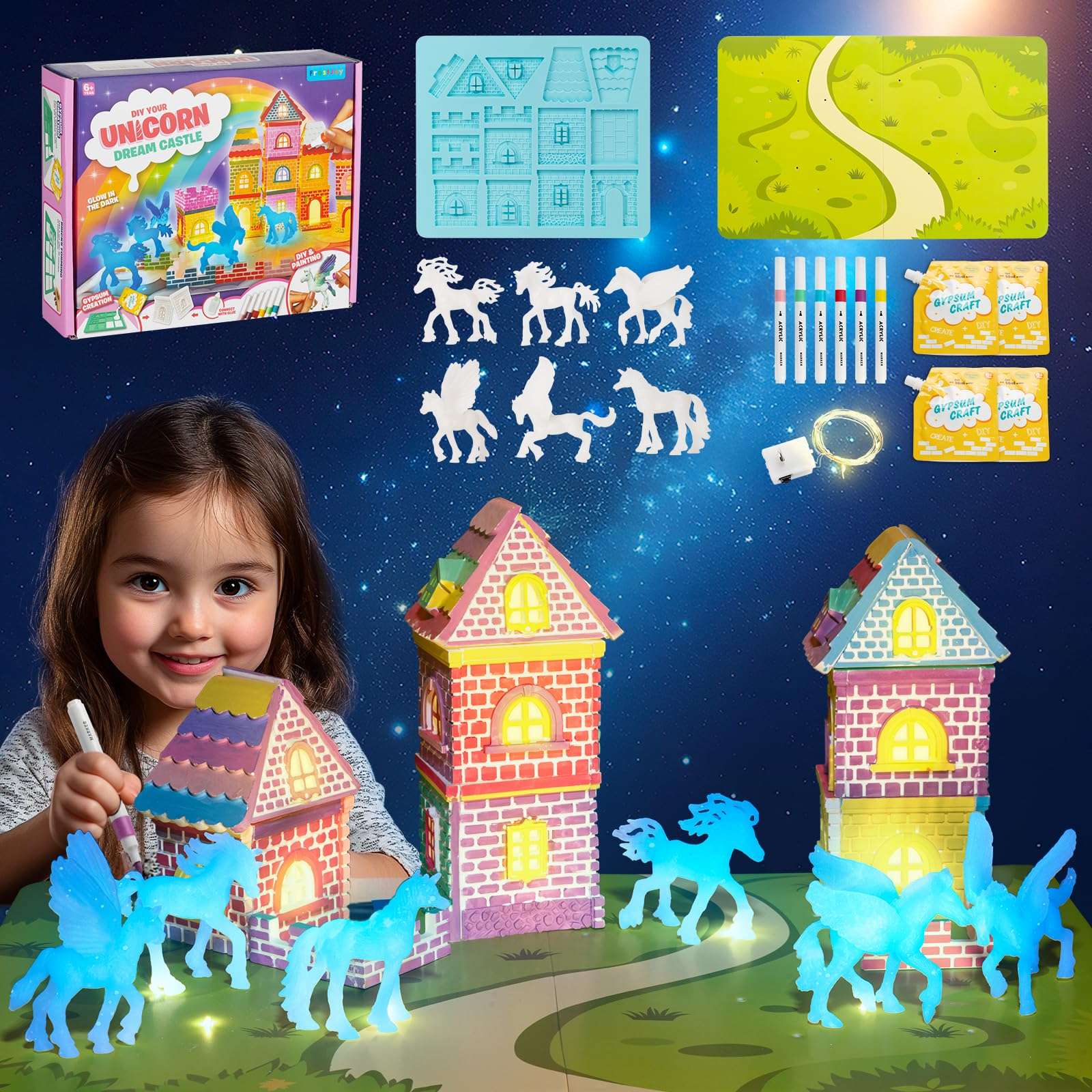 FrostJoy DIY Castle Building Glow in The Dark Unicorn Painting Kit for Kids Ages 4-12 1