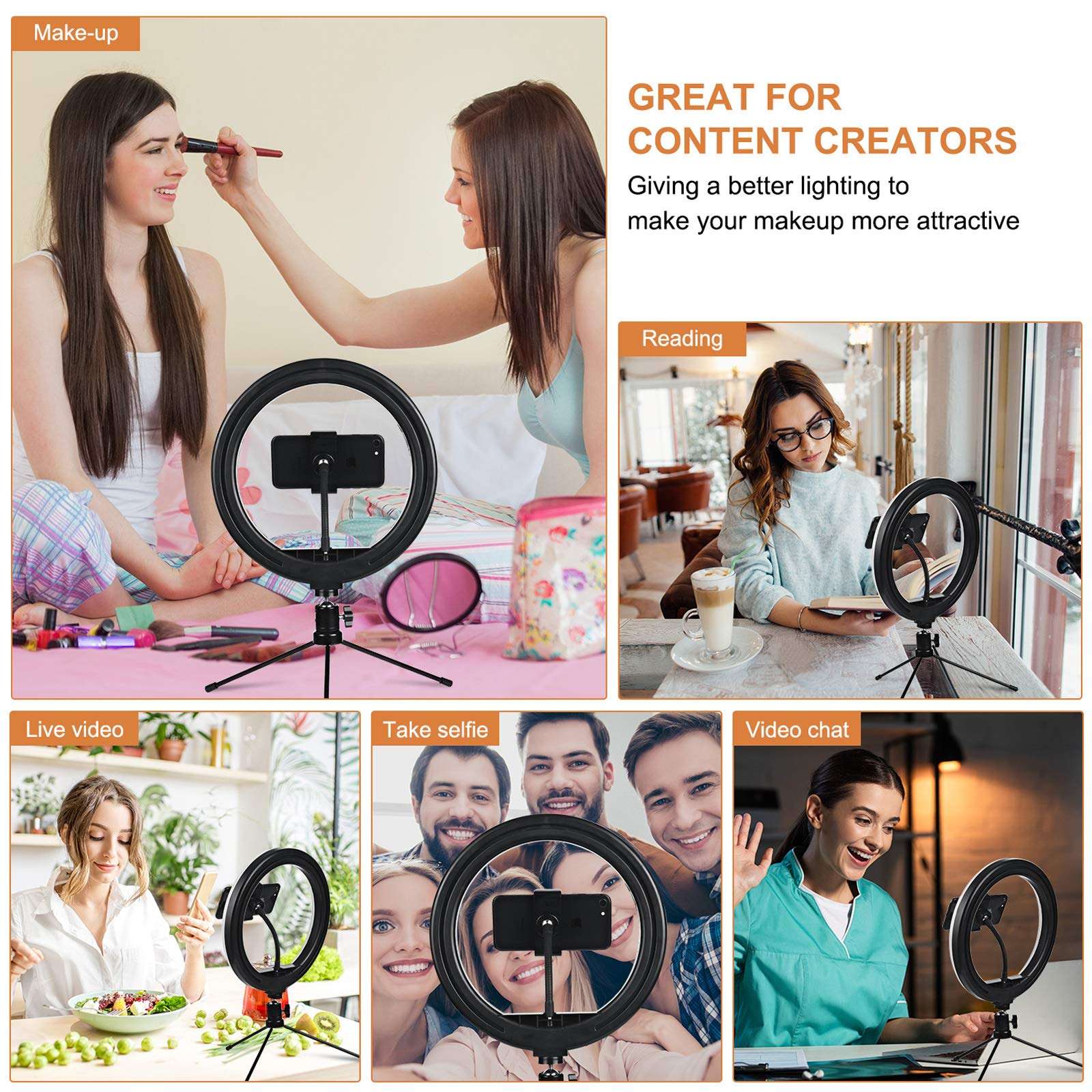 PEHESHE Ring Selfie LED Light 10" with Tripod Stand & Phone Holder Mini Dimmable Circle Light for Live Stream/Tiktok/YouTube/Makeup/Photography/Video 3 Light Modes 10 Brightness Level with Remote 6