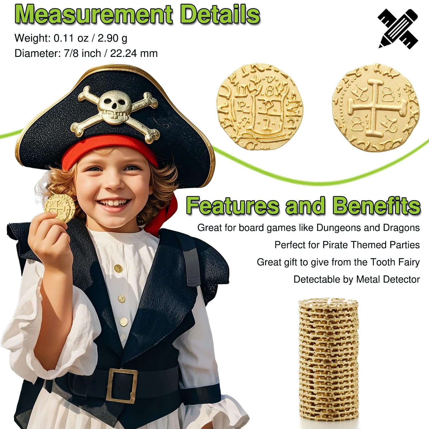 Pirate Coins Metal Gold Coins for Kids - 21 Pieces - St Patrick St Patty Day Leprechaun Fantasy Board Game Toy Doubloons Loot Tokens Monedas De Oro Pirate Props Chest Poker Set Bulk Money Medallion 3
