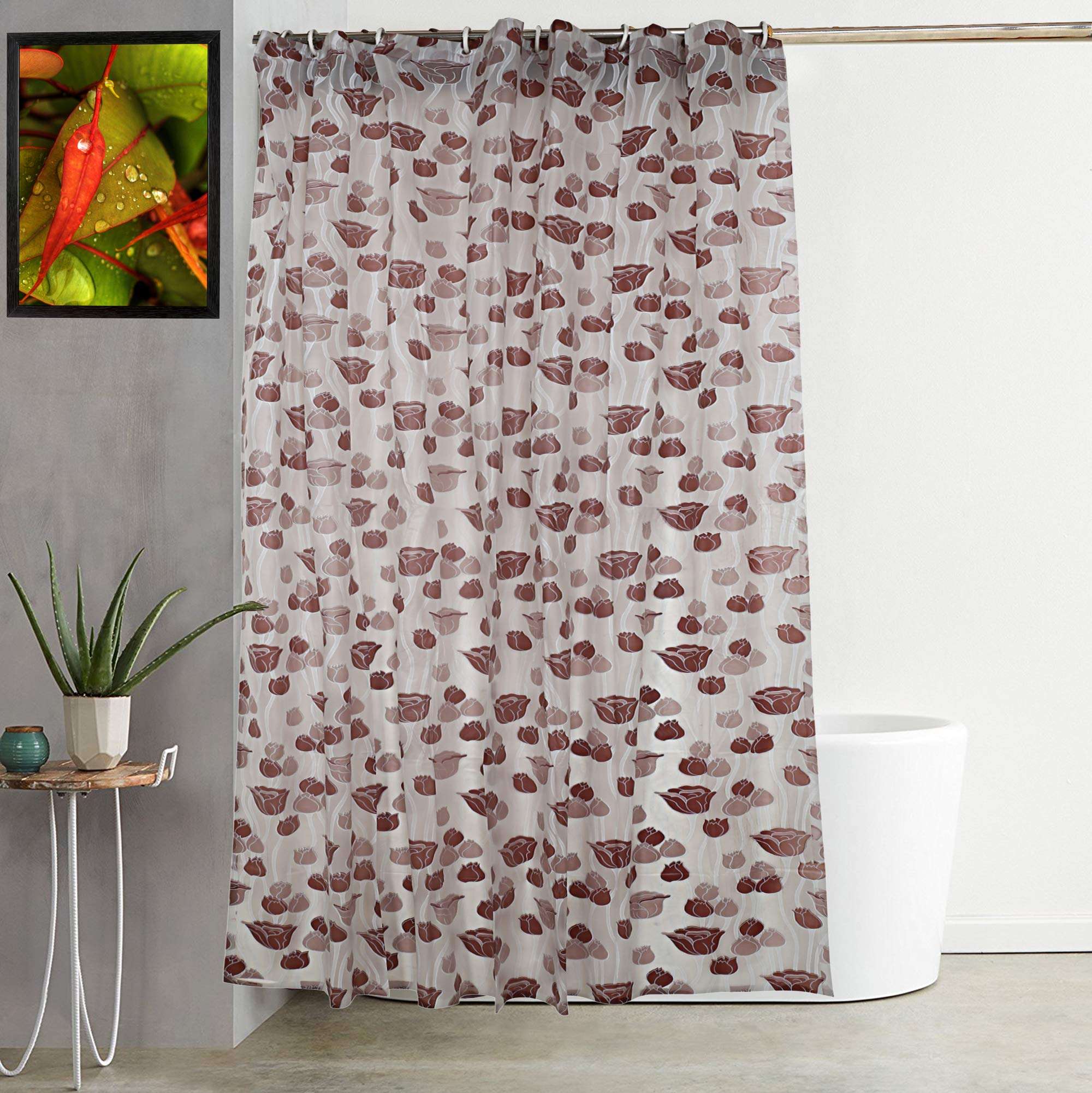 Heart Home PVC 7 Feet Shower Curtain with 8 Hooks (Brown)- CTHH0407