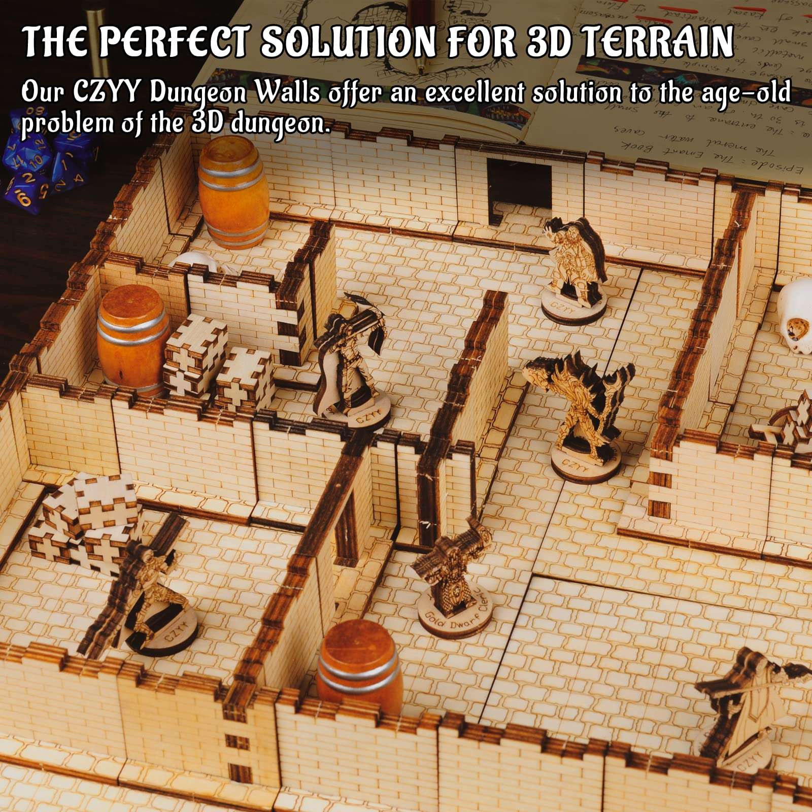 Dungeon Brick Walls (Set of 16) Wood Laser Cut 2" x 1" 3D Modular Terrain Tiles 28mm Scale Perfect for D&D, Dungeons & Dragons, Wargames and Other Tabletop RPG 3