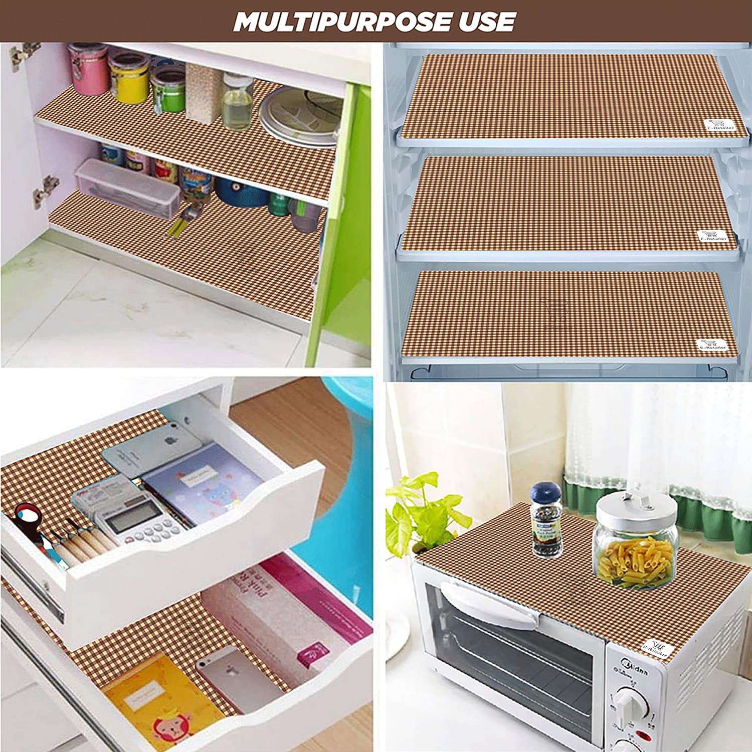E-Retailer® Exclusive Combo Set of Appliance Cover (1Pc. of Refrigerator Top Cover, 1Pc. Handle Cover, 3Pc. Fridge Mat, 1. Oven Cover, 1Pc Wall Hanging Storage Organizer) (Check Brown, Set of 7Pcs.) 5
