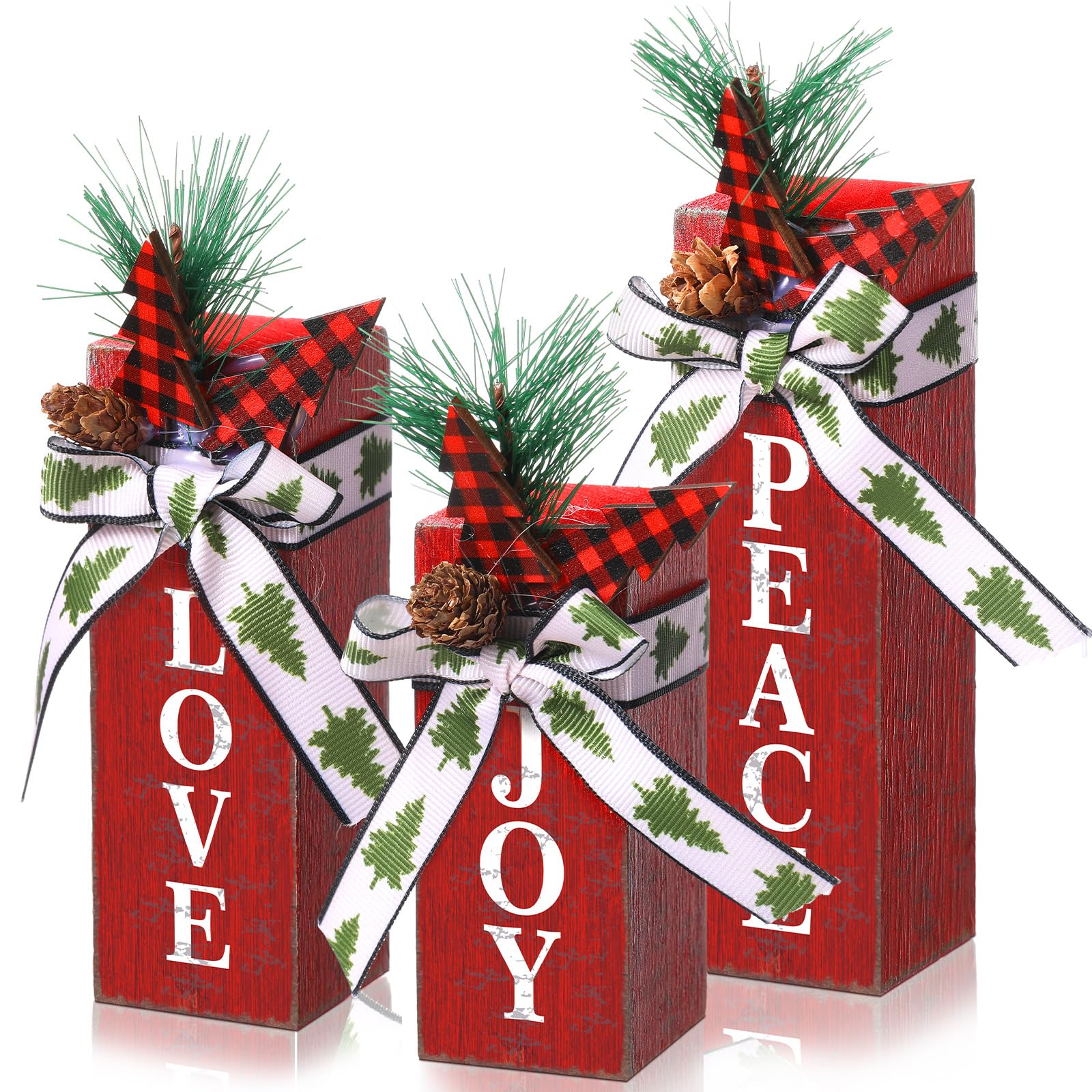 Shellwei 3 Pcs Christmas Table Centerpieces Christmas Rustic Wood Presents Xmas Wooden Faux Blocks Christmas Tiered Tray Decor with Buffalo Plaid Bowknot Pine Cone Berries for Holiday Party Decoration