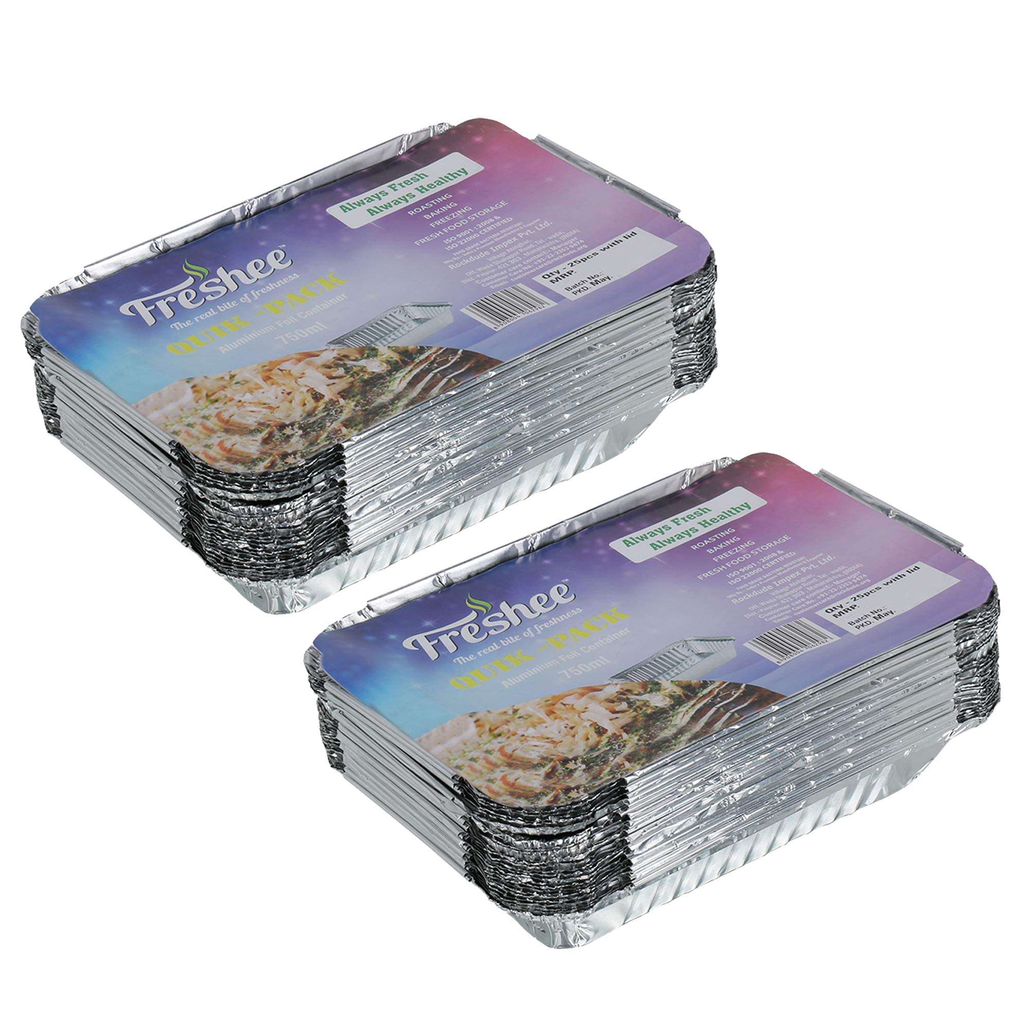 Freshee Pack of 2 x 25 pcs Aluminium Silver Foil Container 750ml | Food Storage Disposable Containers with Lid For Kitchen 1