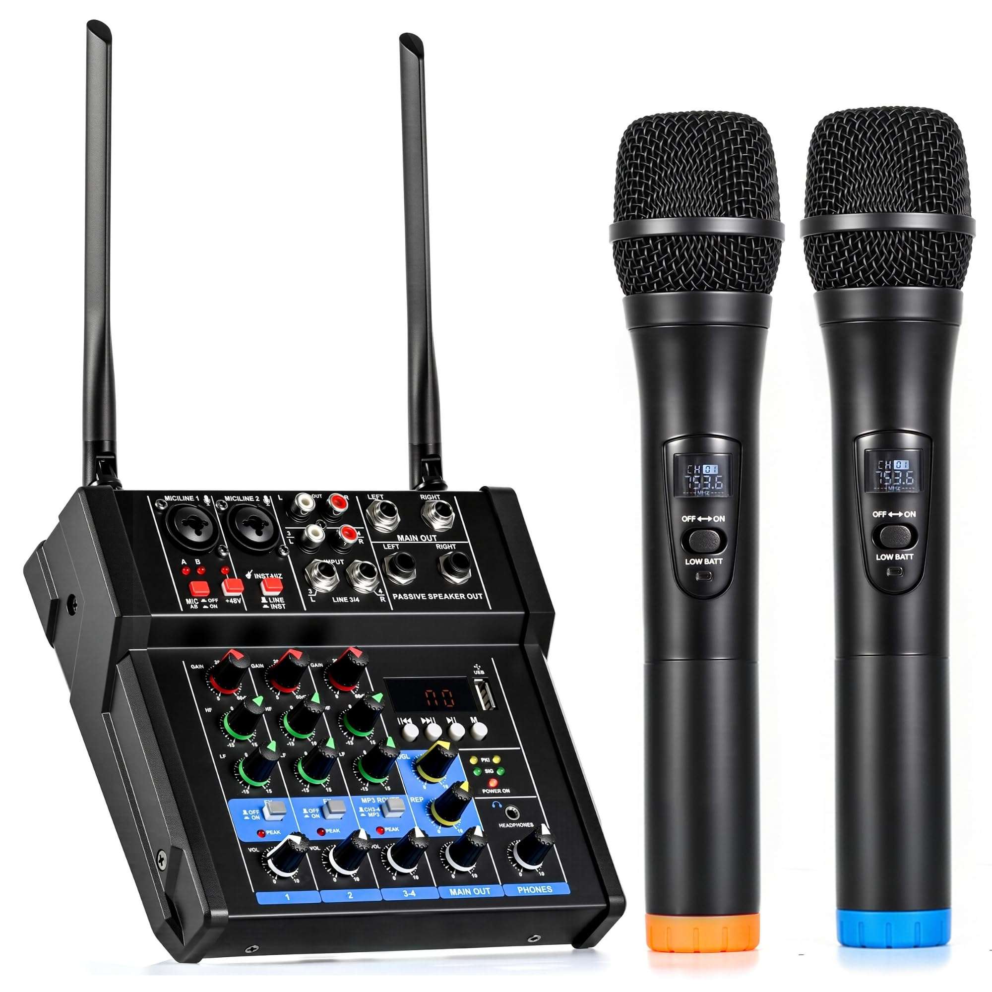 150W x2 Powered Amplifier Audio Mixer, 4 Channel Karaoke Mixer Sound Board with Dual Rechargeable Wireless Microphones, 48V Phantom Power, USB/Bluetooth/Type-C Audio, TV/PC/Phone/MP3 Stereo DJ Mixer 1