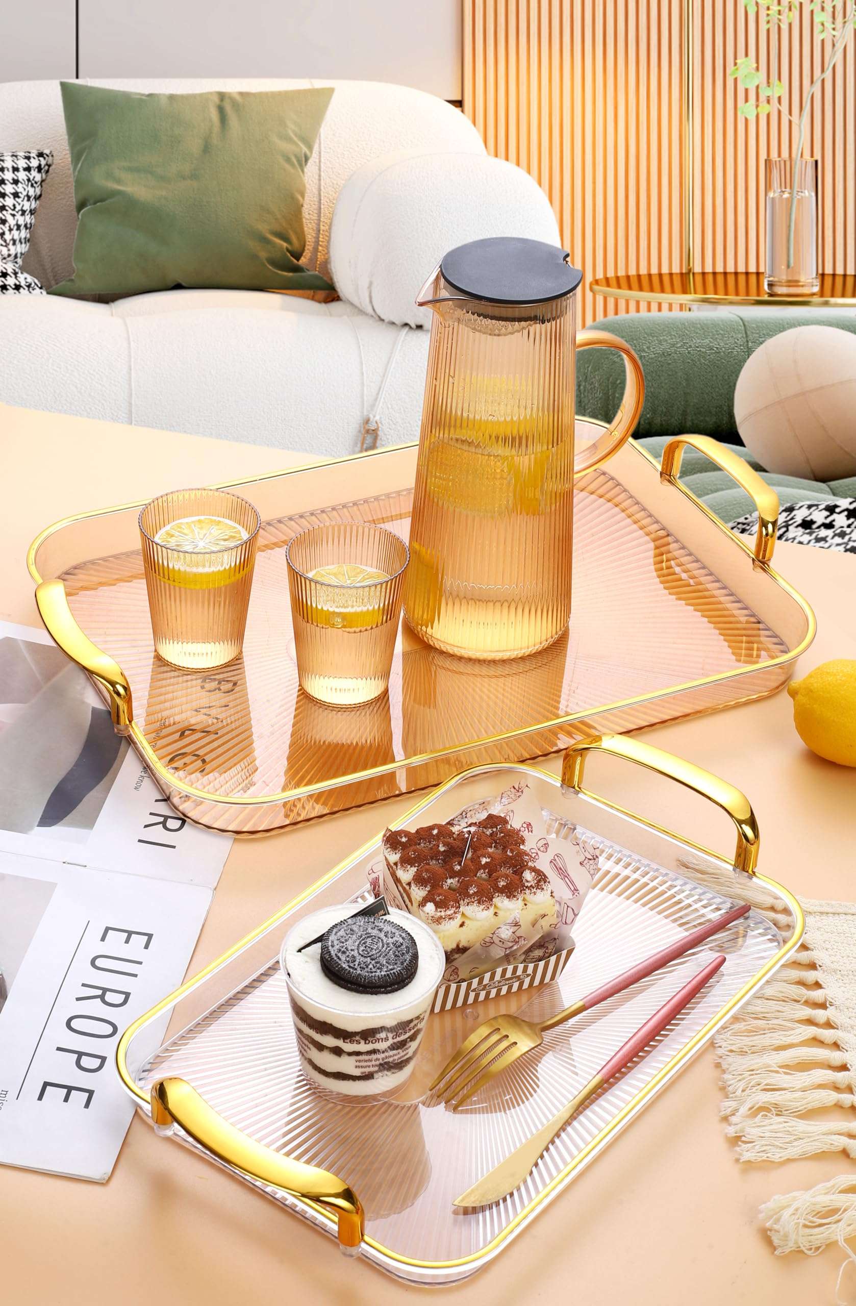 BAREPEPE Plastic Serving Tray Set for Kitchen Rectangular Stylish Design Fancy Coated Golden Borders - Transparent White - Set of 3 Sizes 6