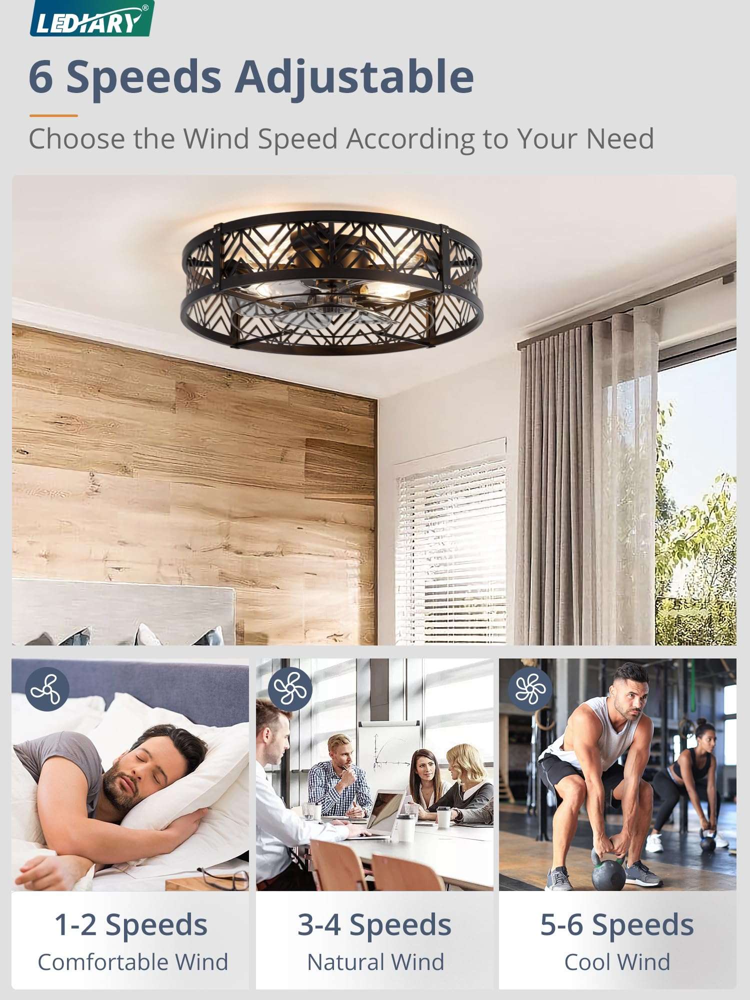 LEDIARY 23" Caged Ceiling Fan with Light, Large Flush Mount, App&Remote Control, Low Profile Bladeless Fan Light Fixture 6 Speed, Reversible and Quiet Motor-Black 3