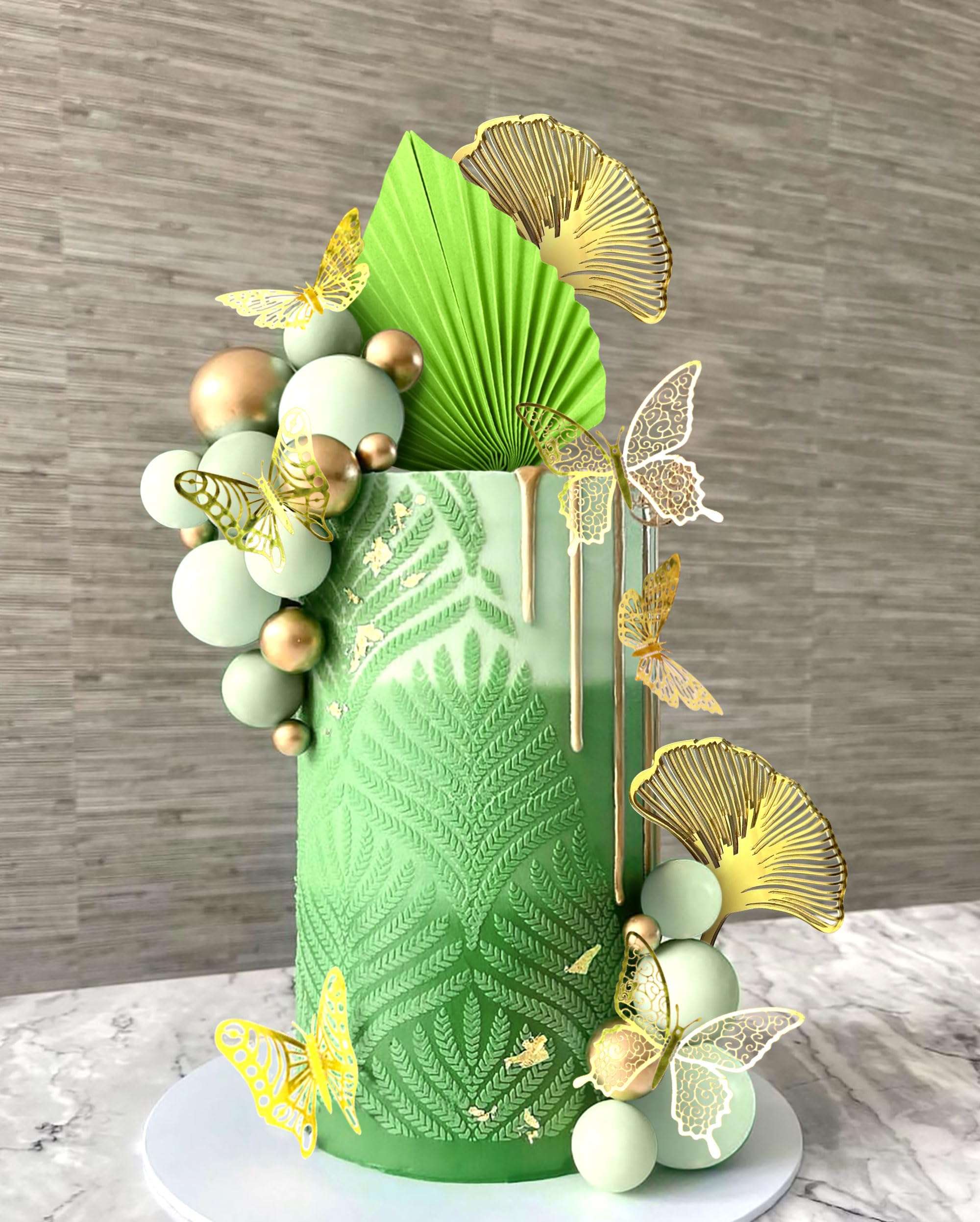 JeVenis Sage Green Rose Cake Decoration Balls Cake Decoration Gold Palm Leaves Cake Decoration Bohemian Cake Decoration Boho Cake Decoration White Gold Ball Cake Decoration Boho Party Supplies 4