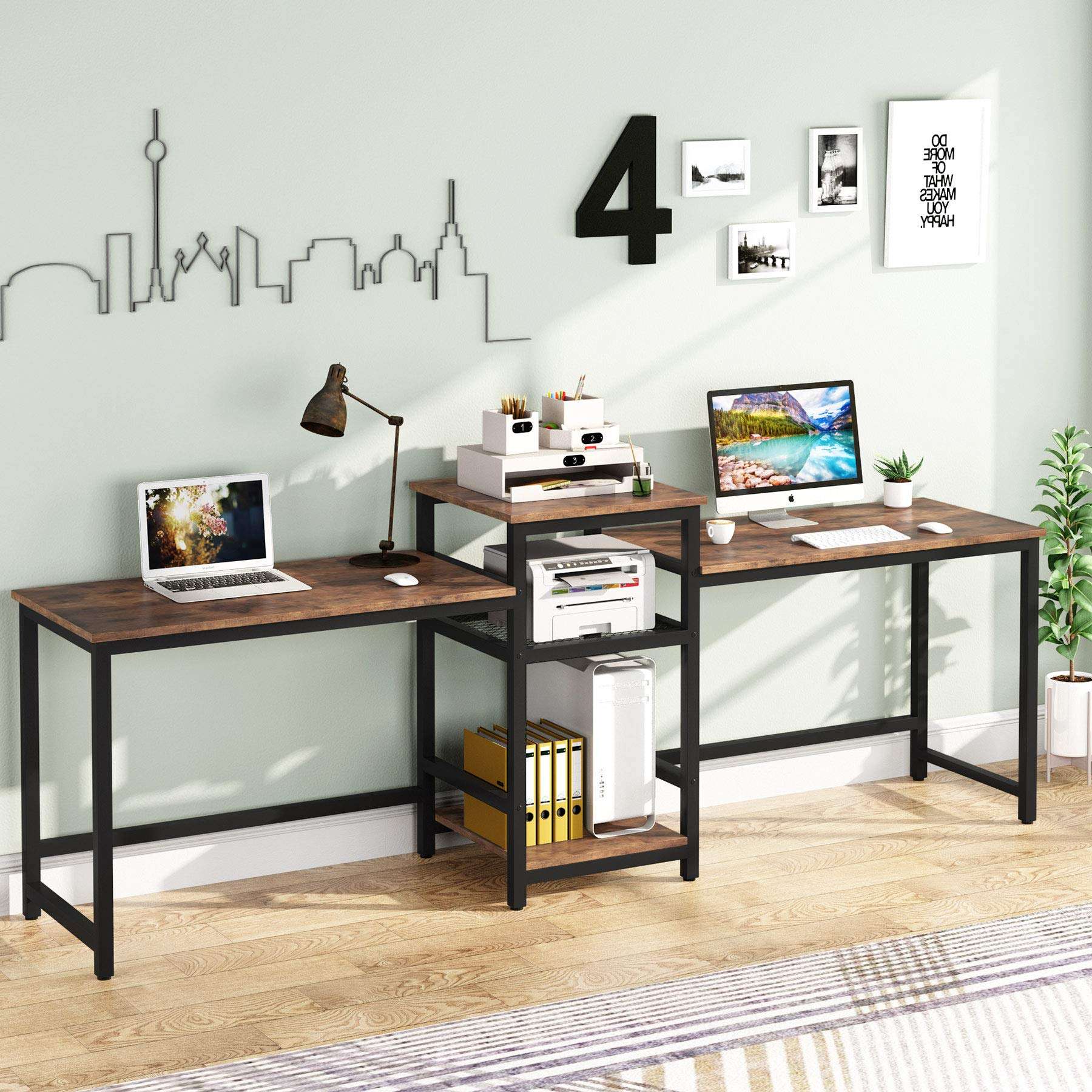 Tribesigns 96.9" Double Computer Desk with Printer Shelf, Extra Long Two Person Desk Workstation with Storage Shelves, Large Office Desk Study Writing Table for Home Office (Light Brown) 1