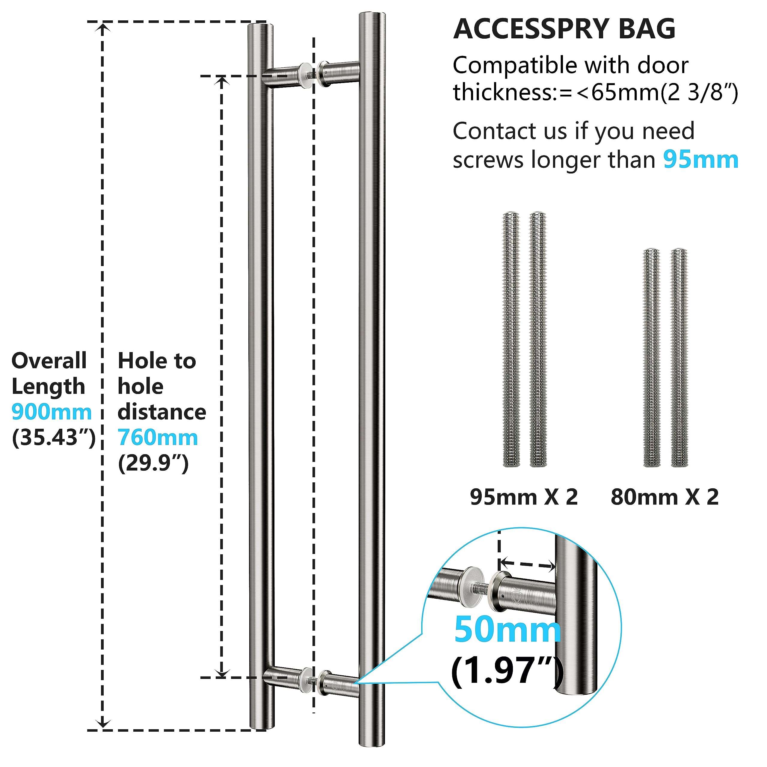 TOGU TG-6012 900mm/ 36 inch SUS 304 Stainless Steel Long Door Pull Handle with Solid mounting standoffs,Work as Push Pull Door Handles for Exterior Commercial Door/barn Door,Brushed Nickel Finish 2