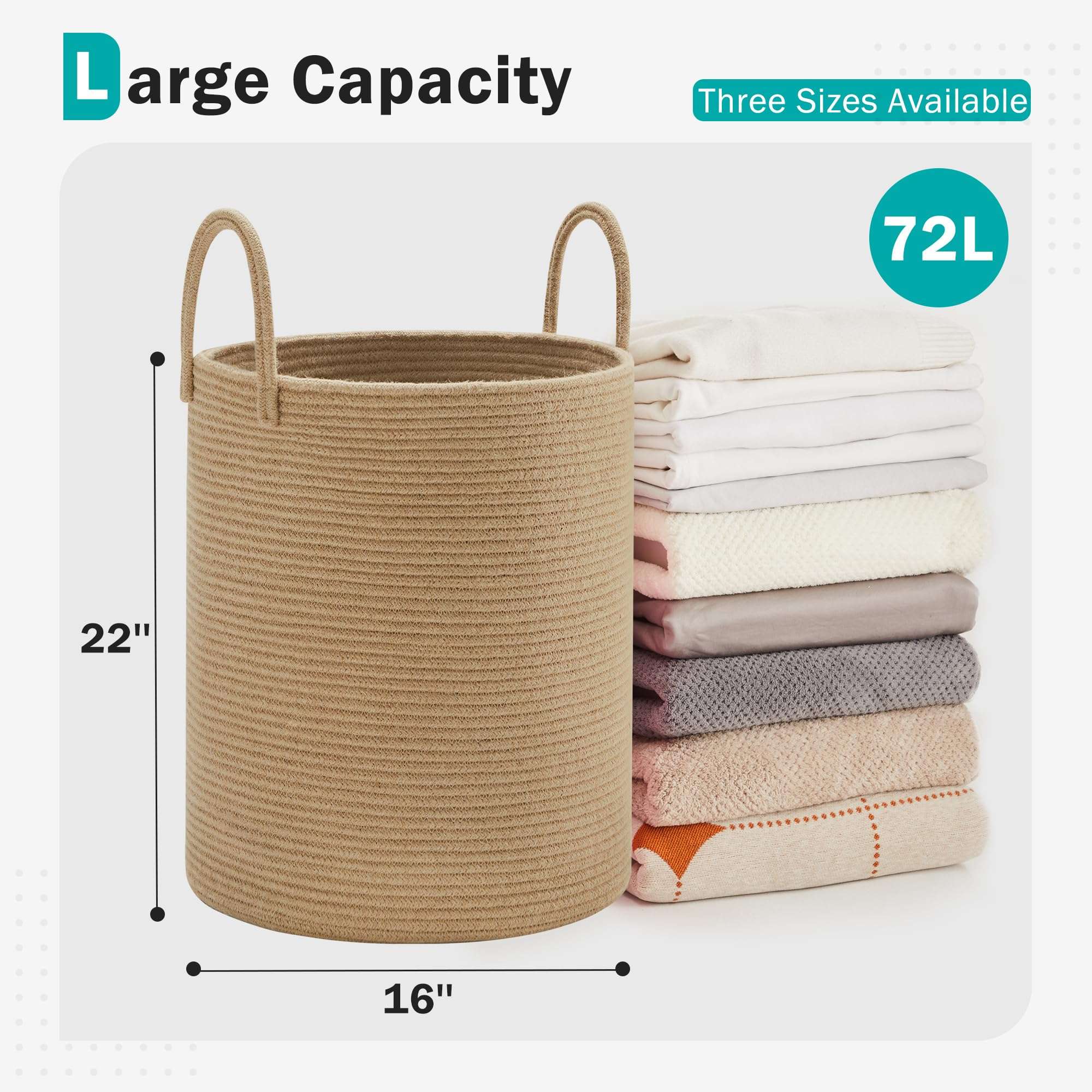 YOUDENOVA Cotton Laundry Hamper, 72L - Woven Collapsible Basket - Jute Brown 3