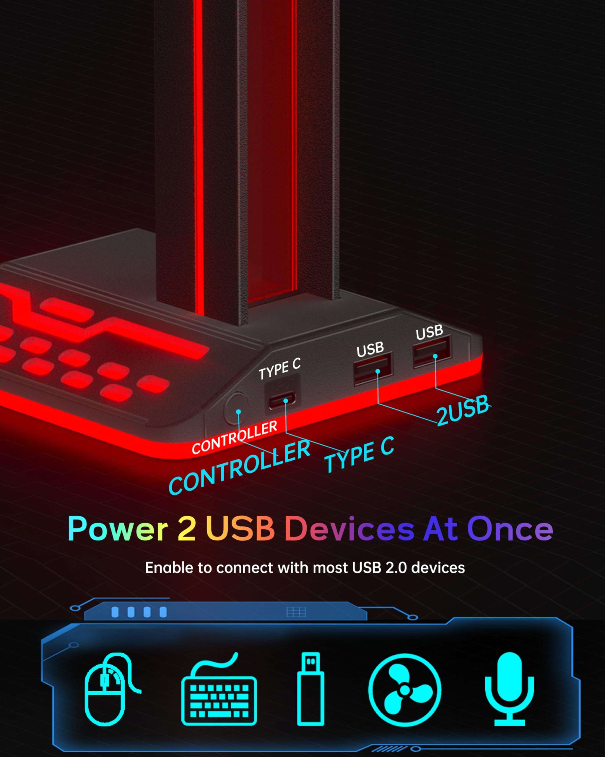 SOURCELLL RGB Headphone Stand with 2 USB 2.0 Extension Charging Port Extender Cord,Desk Gaming Headset Holder,Cool LED Headphone Holder PC Gaming Accessories,Gamer Gifts 4