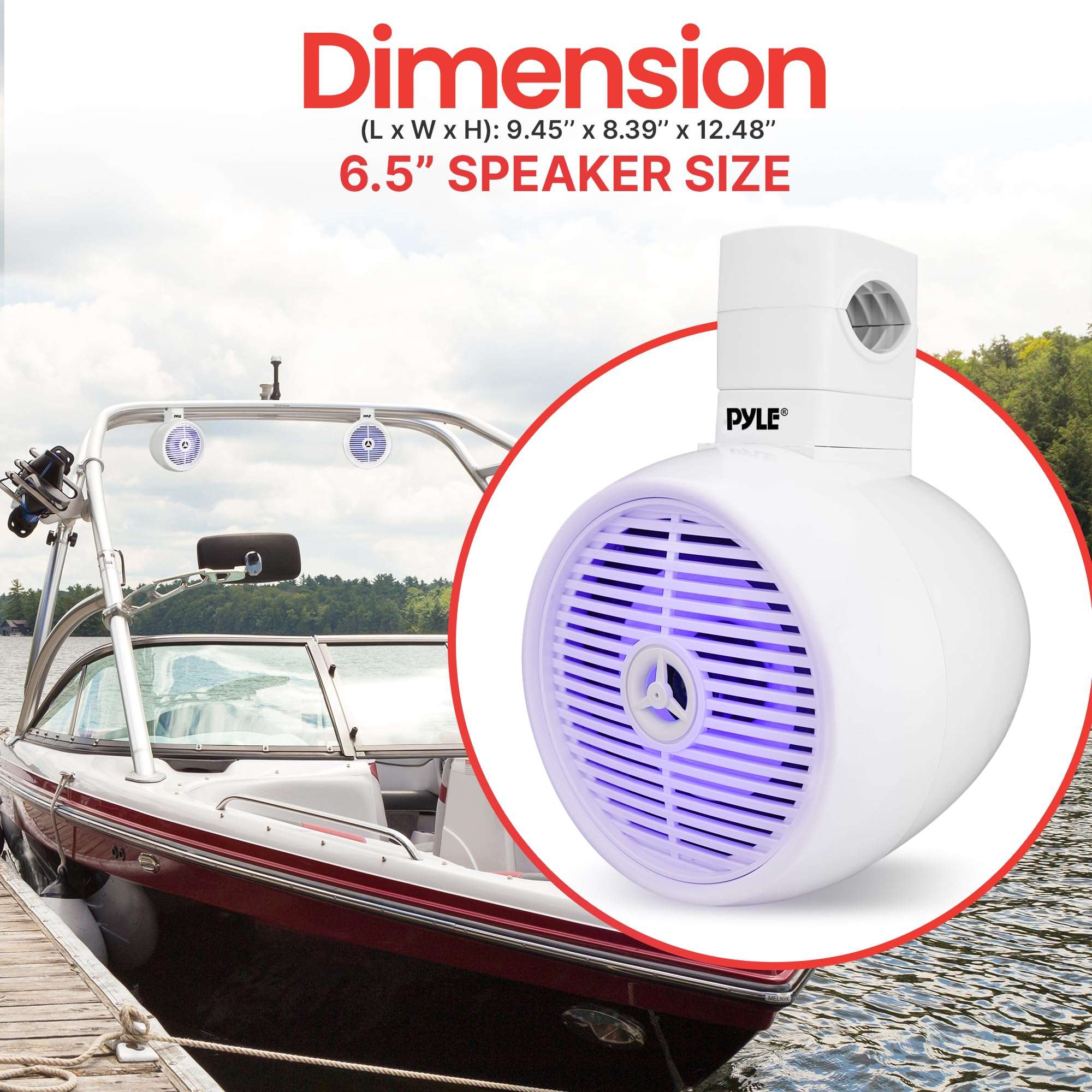 Pyle 6.5" Marine Wakeboard Speaker - 200W Waterproof 2-Way Mini Box System, LED Lights, Heavy Duty ABS Construction, Marine Grade Audio for Tubing and Roll-Cage Mounting (White) 3