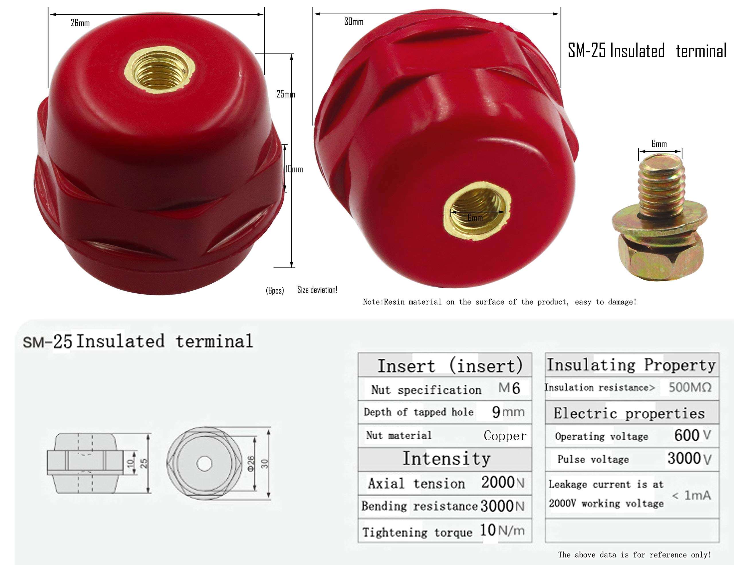 LBY 6pcs Busbar Insulator, SM-25 Polyester Standoff Insulators with Screw(M6), High-Strength Busbar Insulator Supporter, Resin(Red) 6