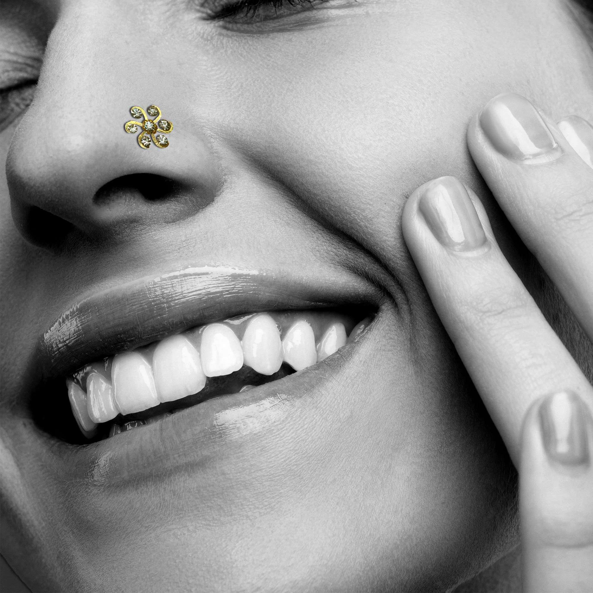 Comet Busters® Stick-On Nose Bindis – No Piercing – Golden Designer Floral Nose Studs – White Crystals – Reusable – Nose Pins for Women & Girls (ONS007) 6