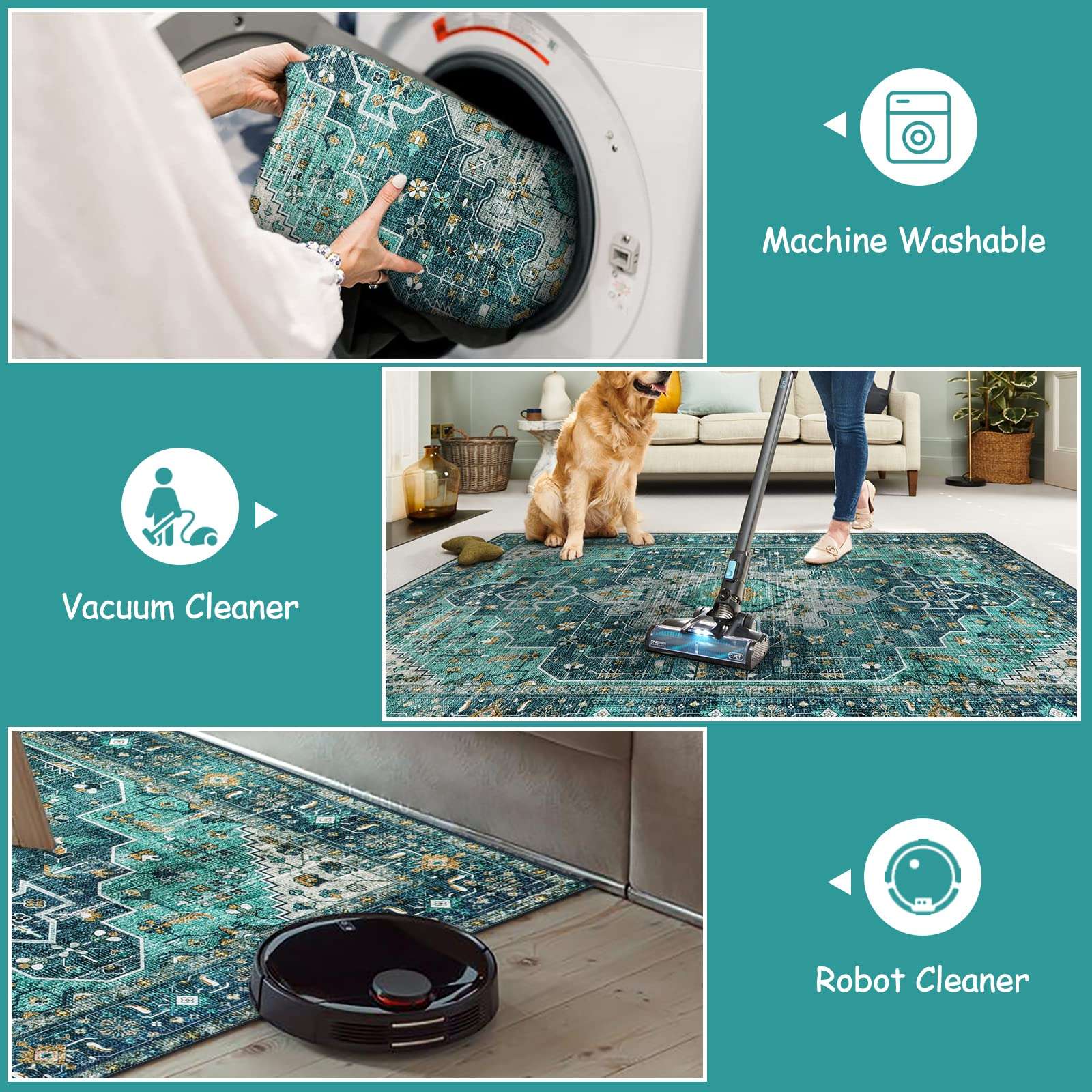 Moynesa Ultra-Thin Washable Teal Non Slip Bathroom Rug - 2x6 Laundry Room Mat, Machine Washable Non-Slip Pet Friendly Carpet Runner for Camper RV Foyer Kitchen Hallway 4