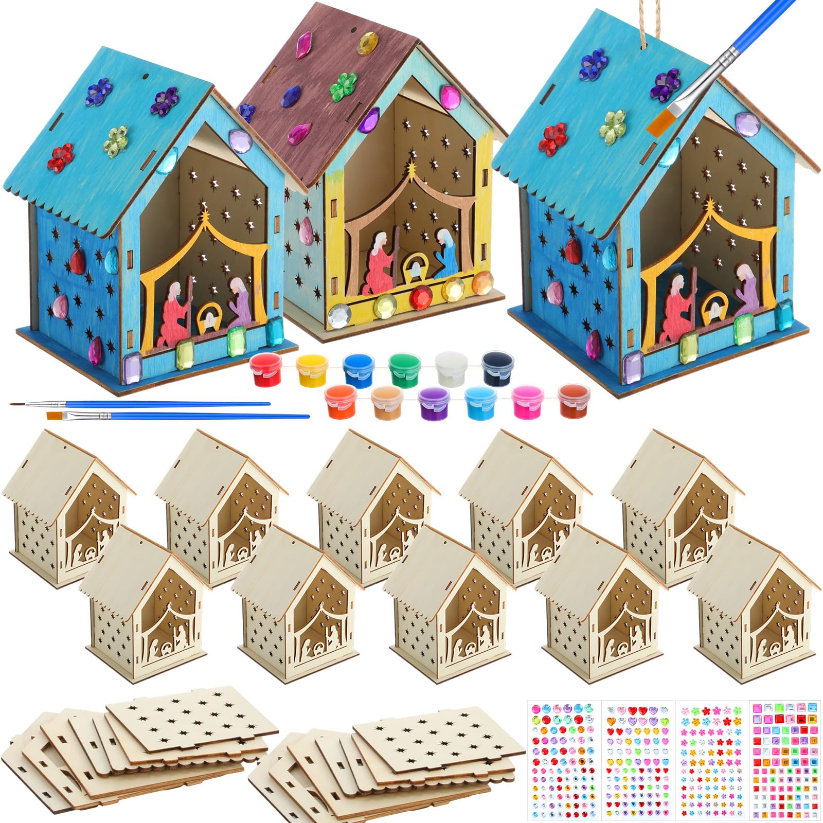 DoubleFill 12 Pcs Christmas Nativity Painting Craft Kits for Kids Make Your Own Religious Jesus House DIY Coloring Wooden Christian Nativity Craft for Classroom Art Sunday School