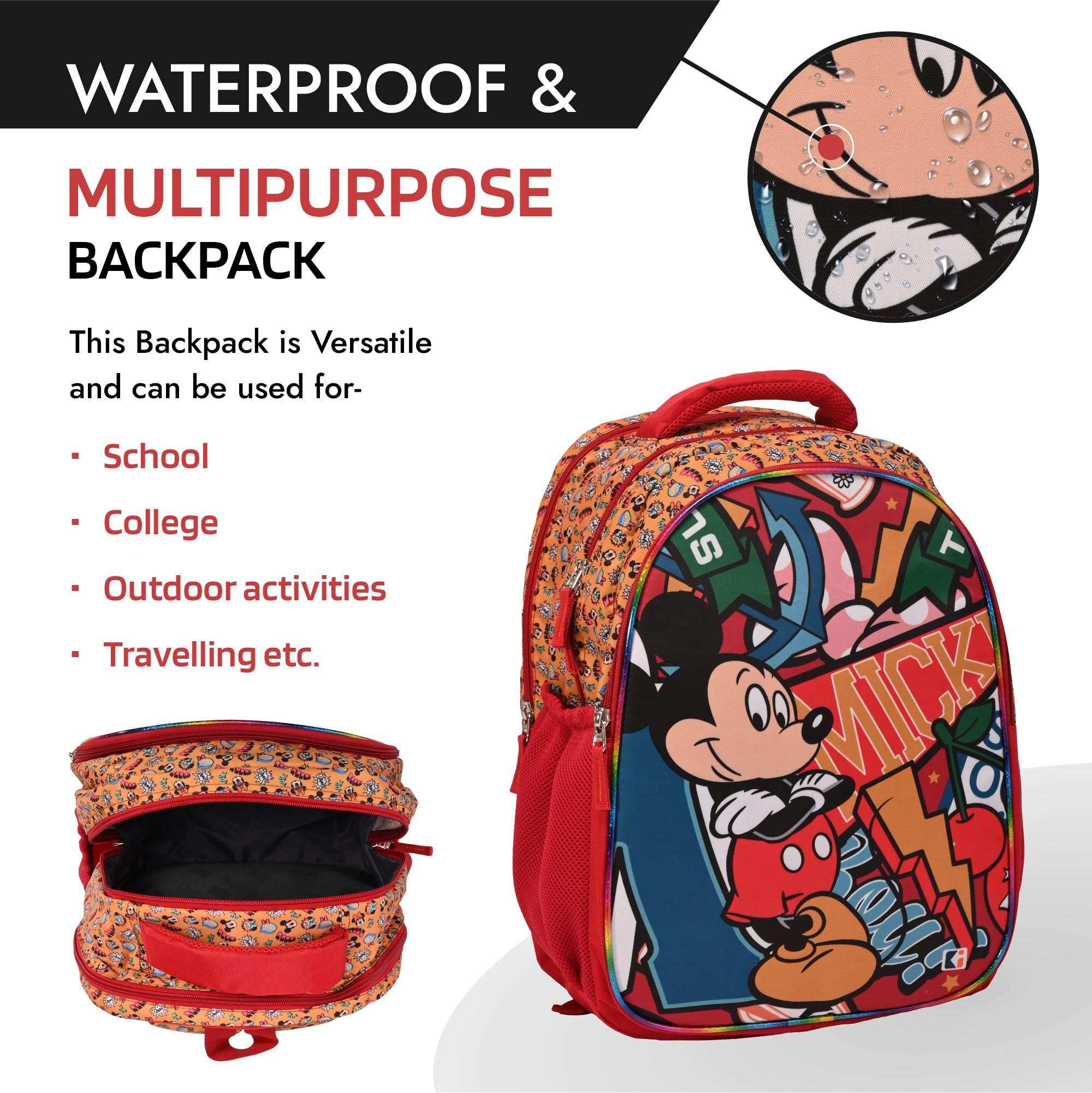 Kuber Industries School-College Bag | Disney Mickey Boy Backpack for Boys and Girls | 4 Compartment Travel Backpack | Water Resistant Bookbag | Bag for Daily Routine | Laptop Bag | Large | Red 6