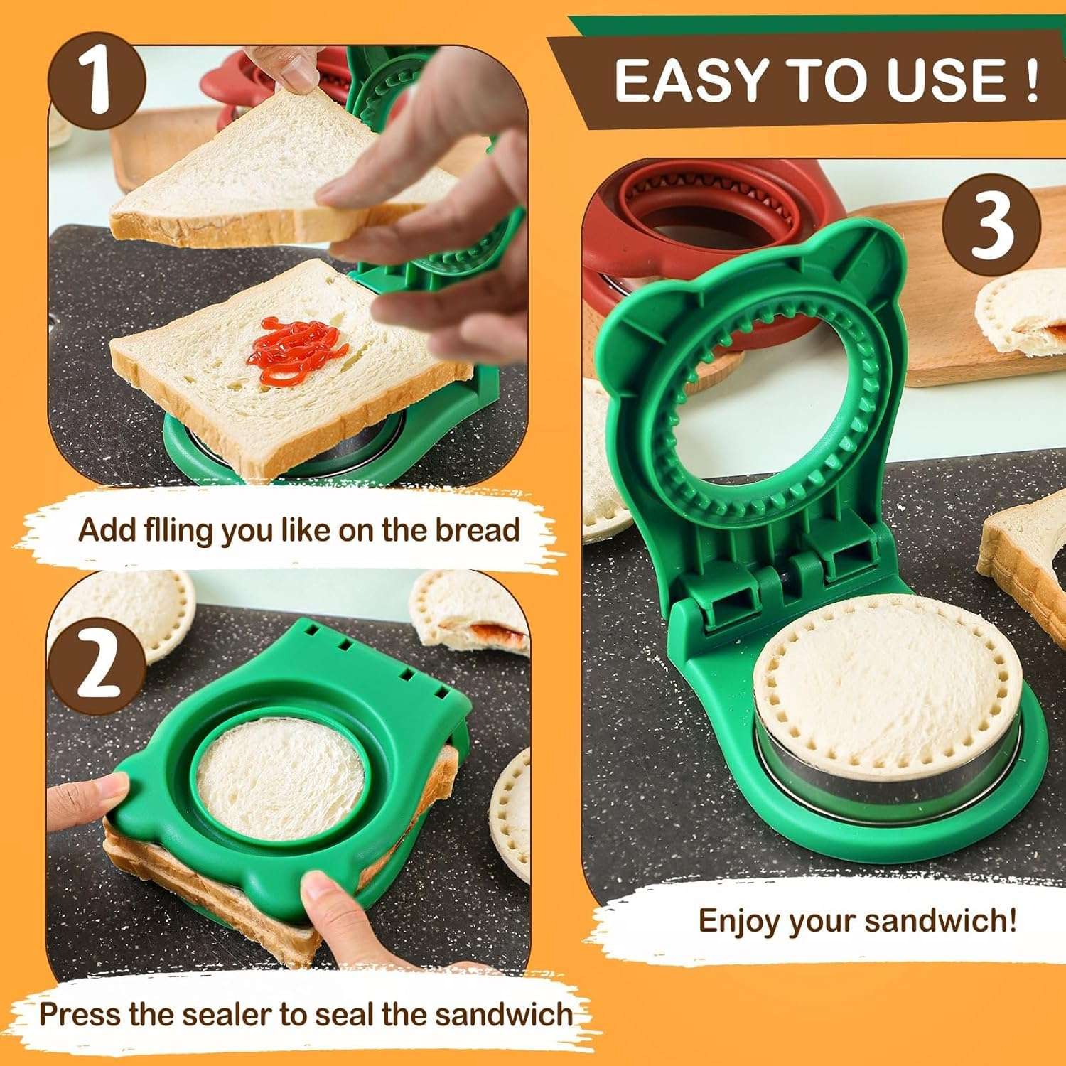 Uncrustable Sandwich Maker and Sealer Set Crustless Sandwich Press Mold Cookie Bread Pancake Maker Green Round Shape for Bread 3