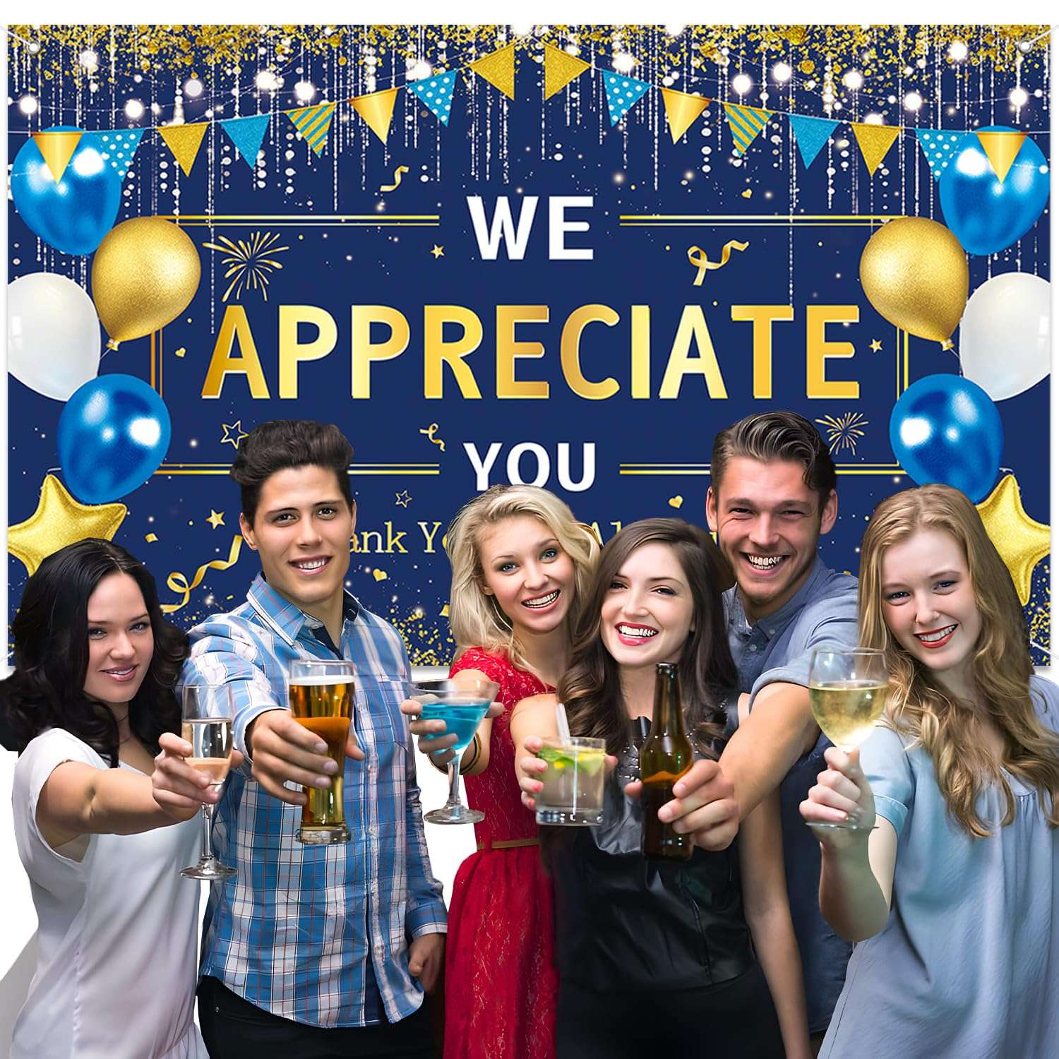 We Appreciate You Banner Backdrop, Blue Gold Thank You for All You Do Backdrop Party Decorations, 5.9×3.6ft, Pastor Employee Teacher Doctor Nurse Staff Thanks Party Supplies 6