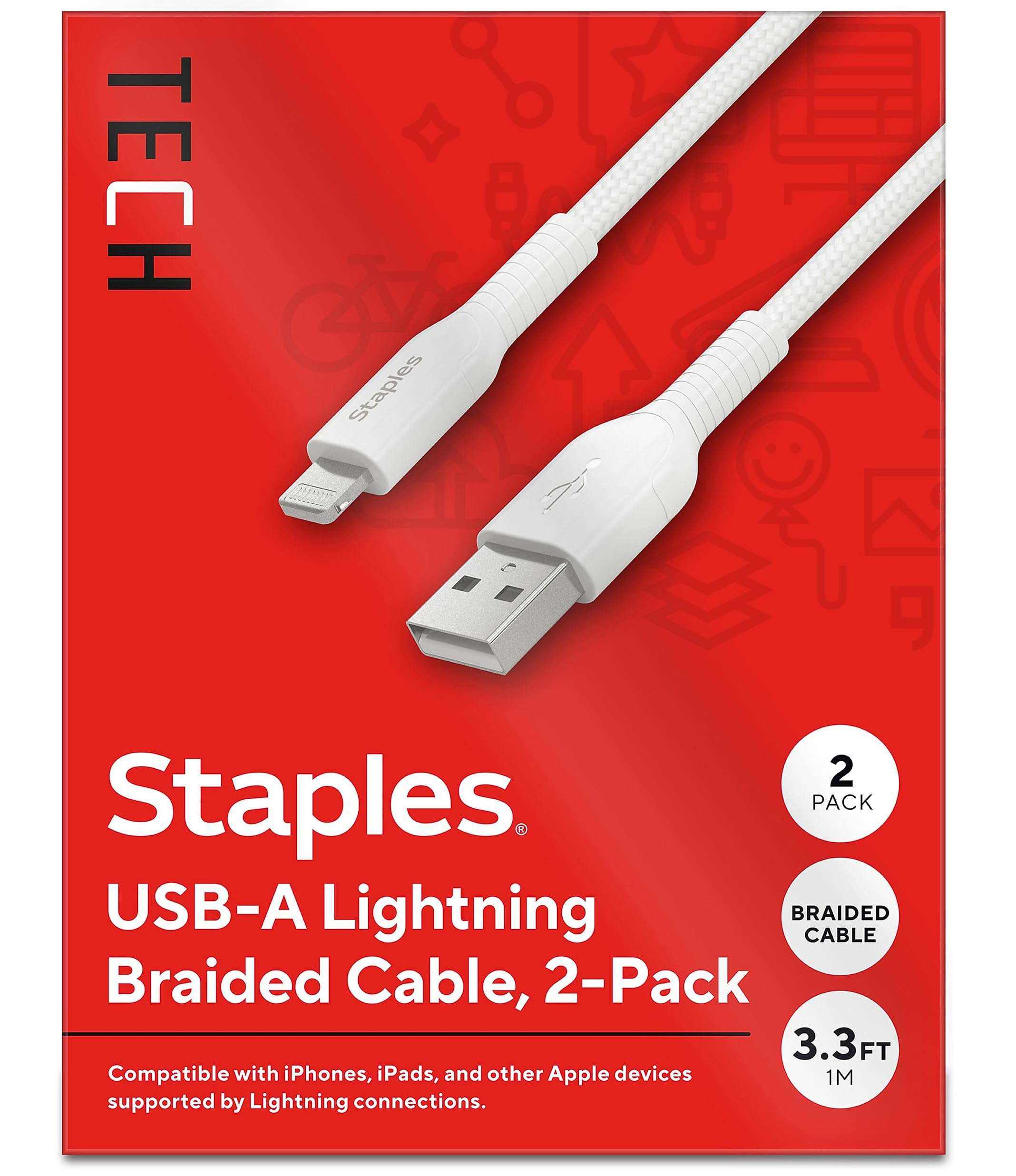 Staples TECH USB-A to USB-C Charging Cable, 3.3 ft, White, Fast Charge/Data Sync Cable, 2-Pack