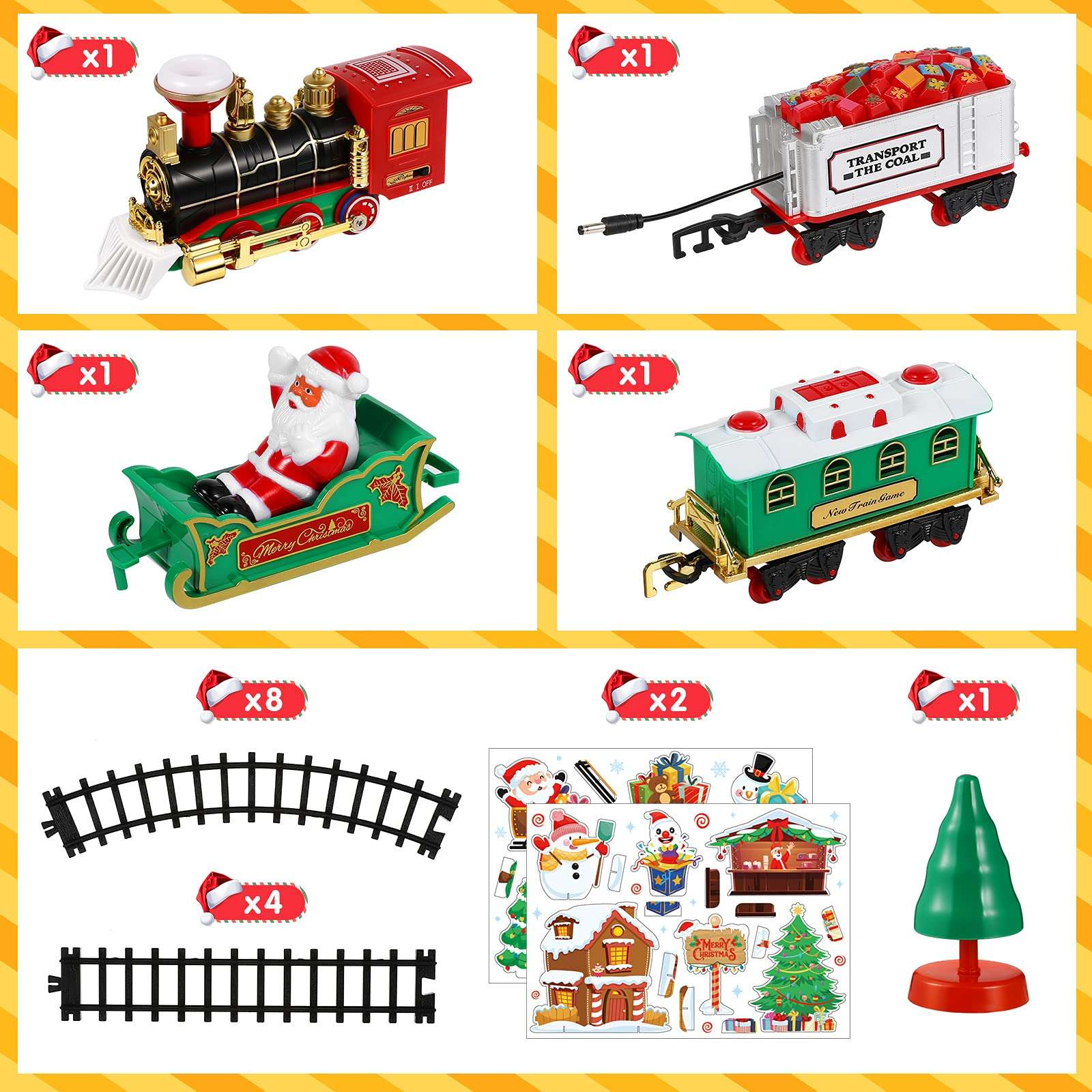 Toyvian Christmas Steam Railway Set with Railway Track & 4 Cars Lights and Sounds Railway, Battery Operated Locomotive Motor Playset, Electronic Toy, Gift for Kids 3