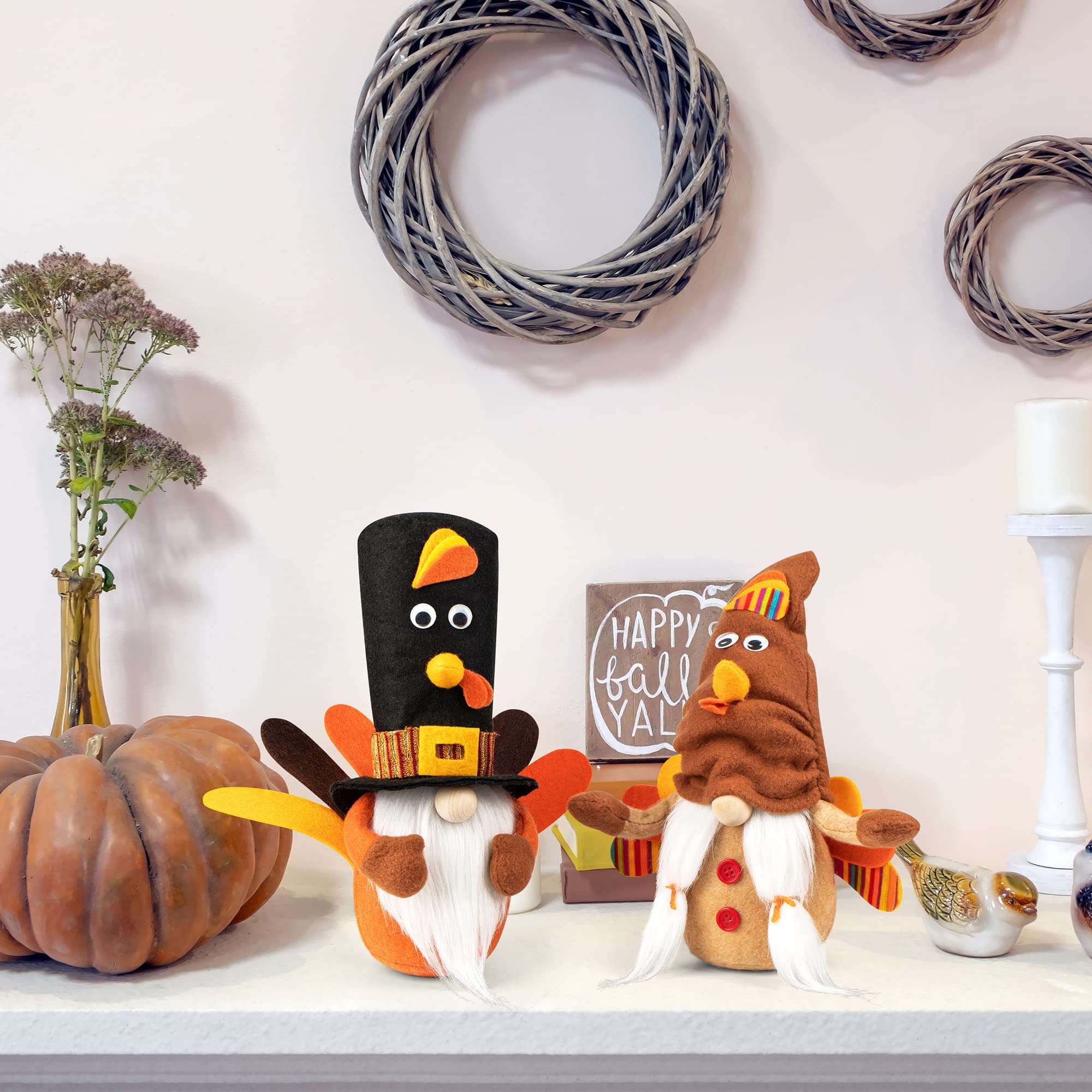 D-FantiX Turkey Fall Gnomes Plush Decor, 2Pack Squeaky Handmade Tomte Swedish Gnome Doll Scandinavian Figurine Thanksgiving Gnomes Plush Ornaments Thanksgiving Holiday Home Table Decorations Gifts 3