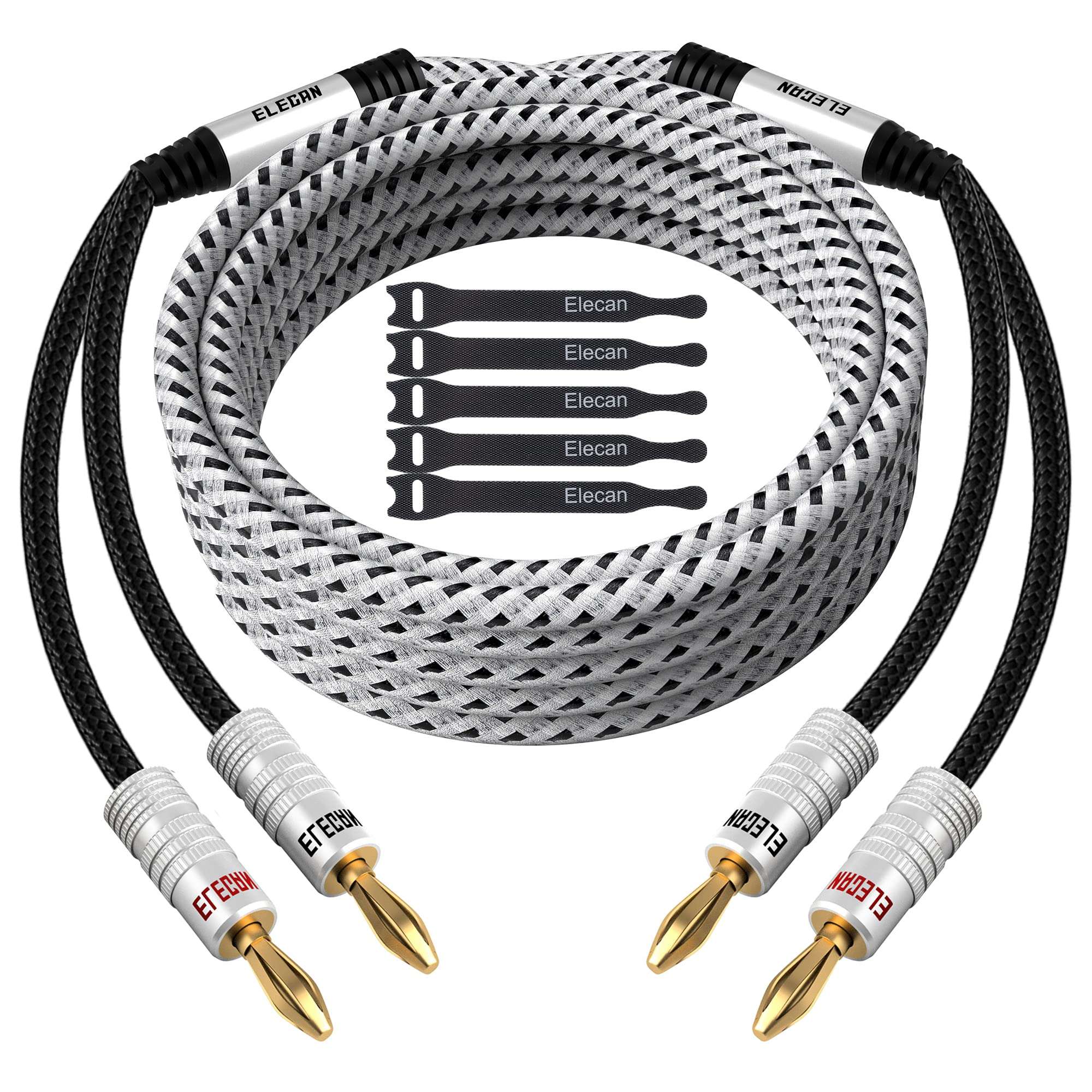 Elecan 14 AWG Speaker Cable Wire 30 Feet with Gold-Plated Banana Tip Plugs-CL2 Rated-in Wall-Heavy Duty Nylon Braided, Oxygen-Free Copper (OFC)-White-with 5 Cable Ties 1