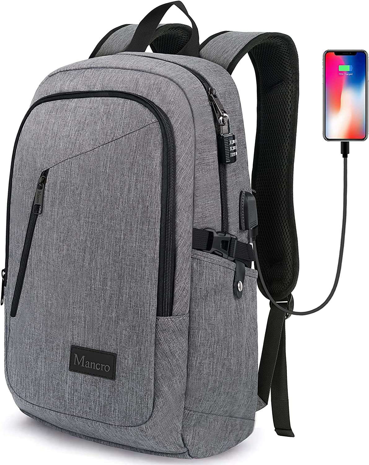 Mancro 15.6 Inch Travel Laptop Backpack with USB Charging Port Grey, Undersent Carry On Luggage with Wheels Rolling Bag for Travel, Business 3
