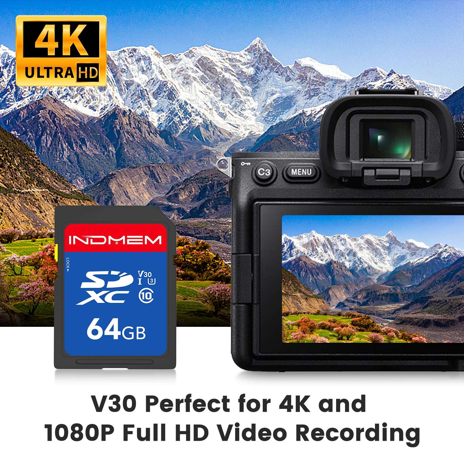 64GB SD Card 2pack, C10, U3, V30, High Speed up to 90M/S SDXC UHS-I Memory Cards, Full HD & 4K Video Compatible with Canon Nikon Sony Pentax Kodak Olympus Panasonic Digital Camera, 64GB(2pc) 4