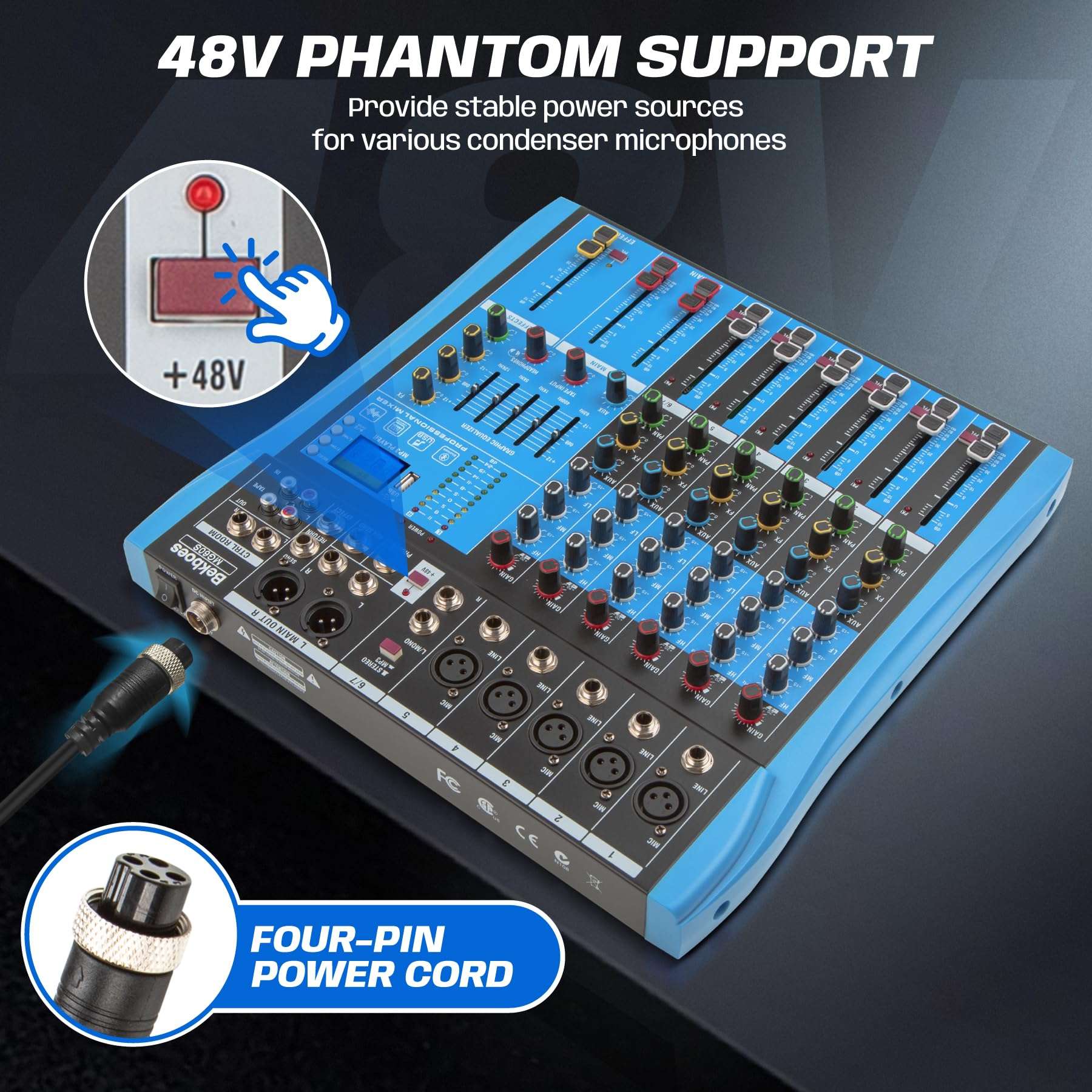 BEKBOES Professional Audio Mixer, 6 Channel, Input 48V Phantom Power Stereo Digital USB Bluetooth MP3 Computer Input, Build-in 16 Effect DSP, for Recording, Live Streaming, Podcasting MG60S 5