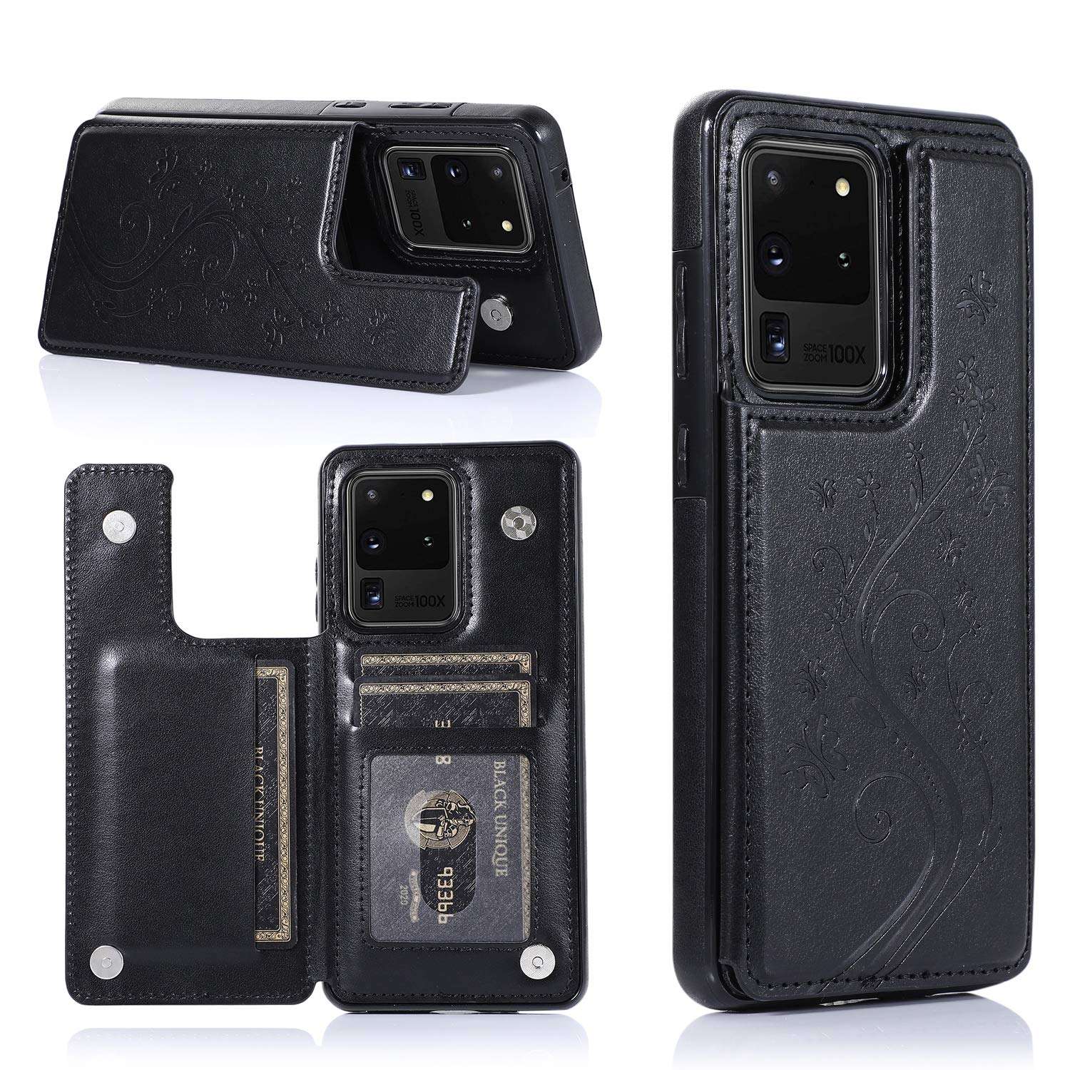 FengXinZi Compatible with Samsung Galaxy S20 Ultra/5G 2020 Wallet Case with Card Holder, Premium PU Leather Kickstand Credit Card Slots Anti-Scratch Shockproof Protective Magnetic s20ultra5g Black 1