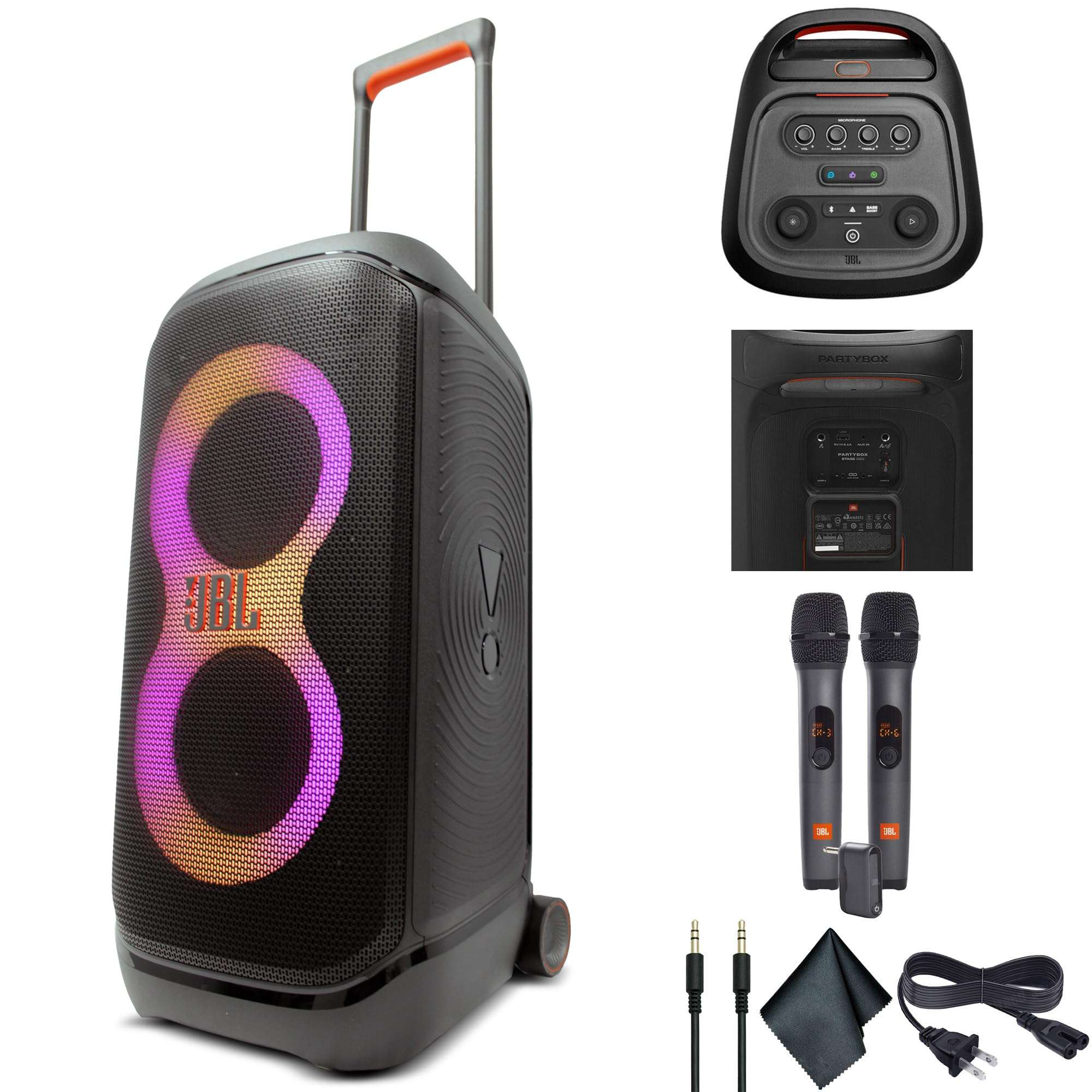JBL PartyBox Stage 320 240W Portable Wireless Speaker, 18 Hour Battery, Splash Proof (JBLPARTYBOX320AM) + Wireless Two Microphone System with Receiver + AUX Cable + Microfiber Cloth 1