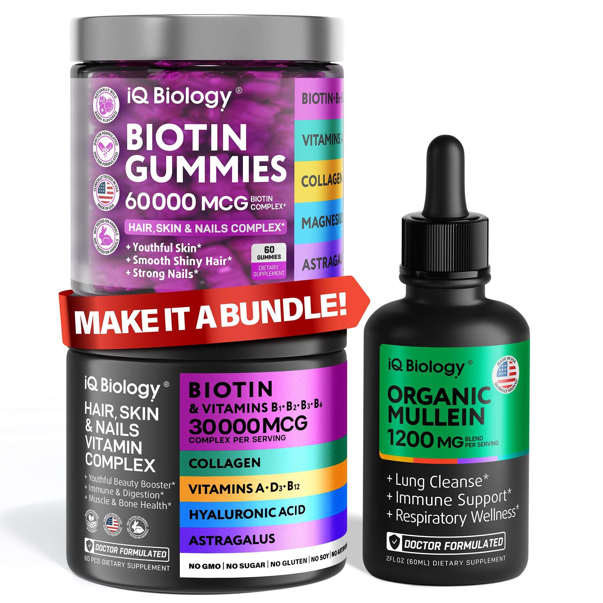 IQ BIOLOGY Biotin & Mullein Bundle - Hair Growth, Skin & Nails Vitamins, Respiratory Support - Biotin Capsules, Gummies, Mullein Drops, Immune & Respiratory Boost | 60 Caps + 60 Gummies + 2 Fl Oz 2