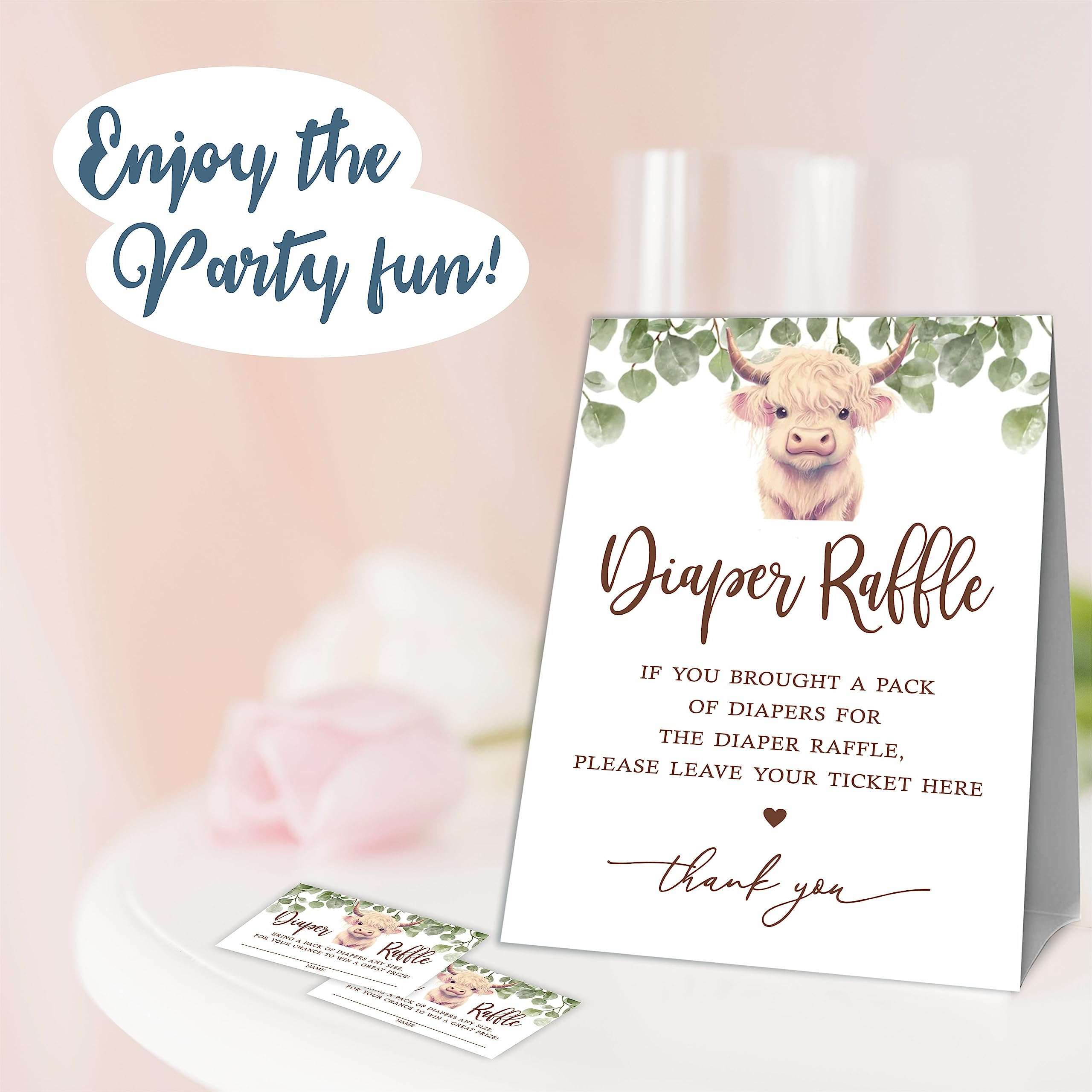 Baby Shower Diaper Raffle Game Set, Adorable Cow & Greenery, 1 Standing Sign & 50 Diaper Raffle Tickets, Gender Reveal Party Game Kit, Baby Announcement Activity Decorations And Supplies - B14 4