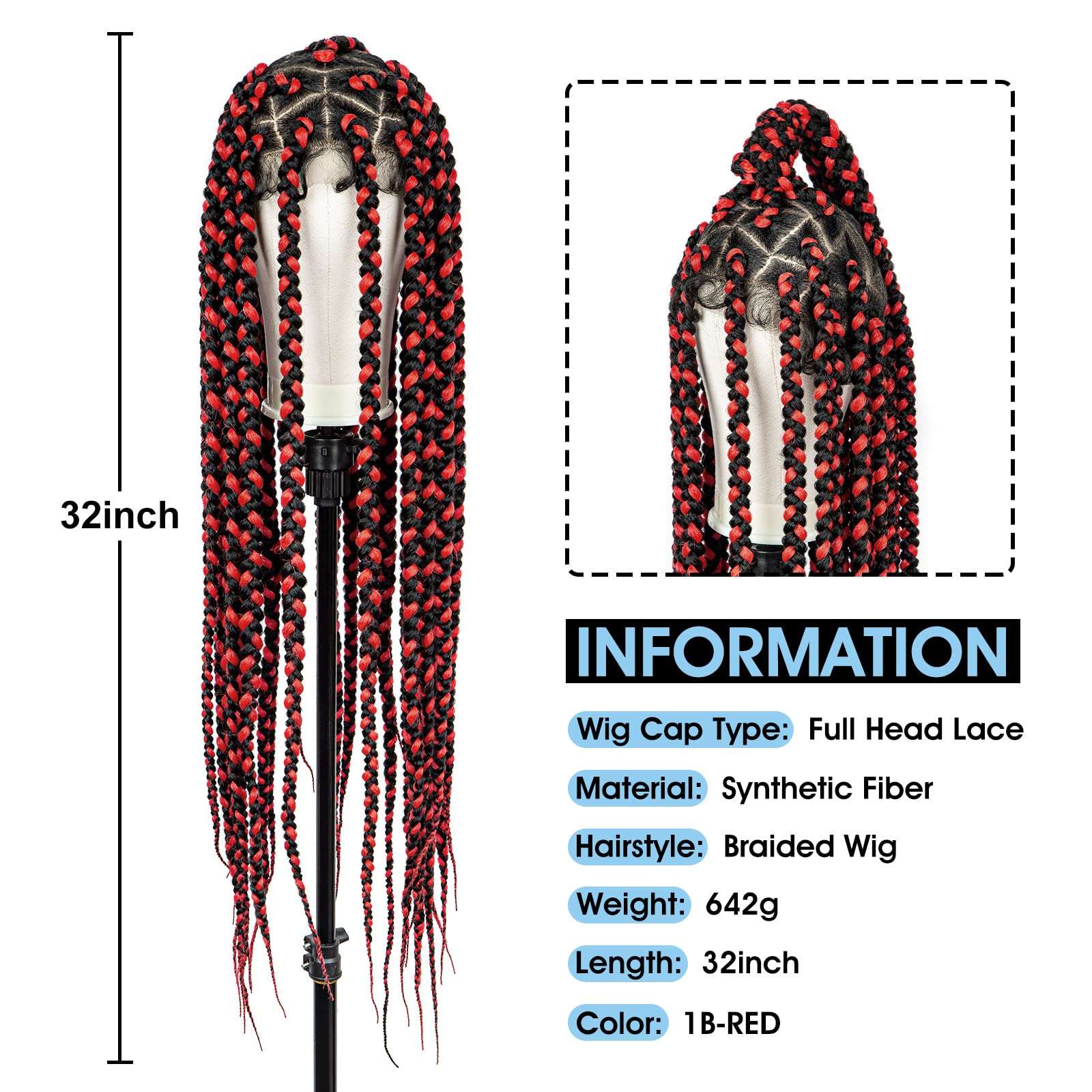 Braided Wigs for Black Women Full Double Lace Braided Wigs Knotless Box Braids Synthetic Lace Front Braided Wigs Cornrow Braids Wigs with Baby Hair Handmade Braided Wigs 32 inches (1B/RED Color) 5