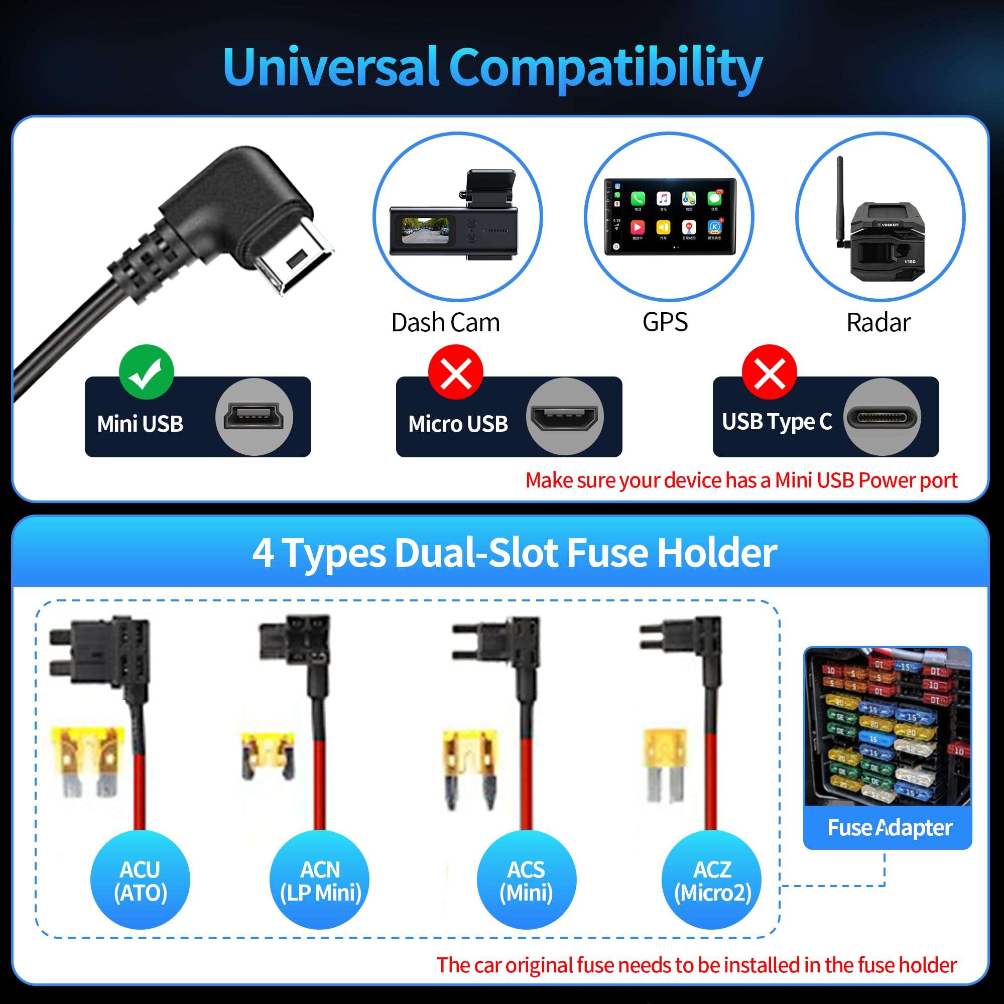 AUCARAUTO Universal Mini USB Dash Cam Acc Hardwire Kit with LED Voltmeter and Adjustable Low Voltage Protection, 11.5ft Multi-Size Hardwire Kit for Dash Camera 24H Parking Monitoring 3