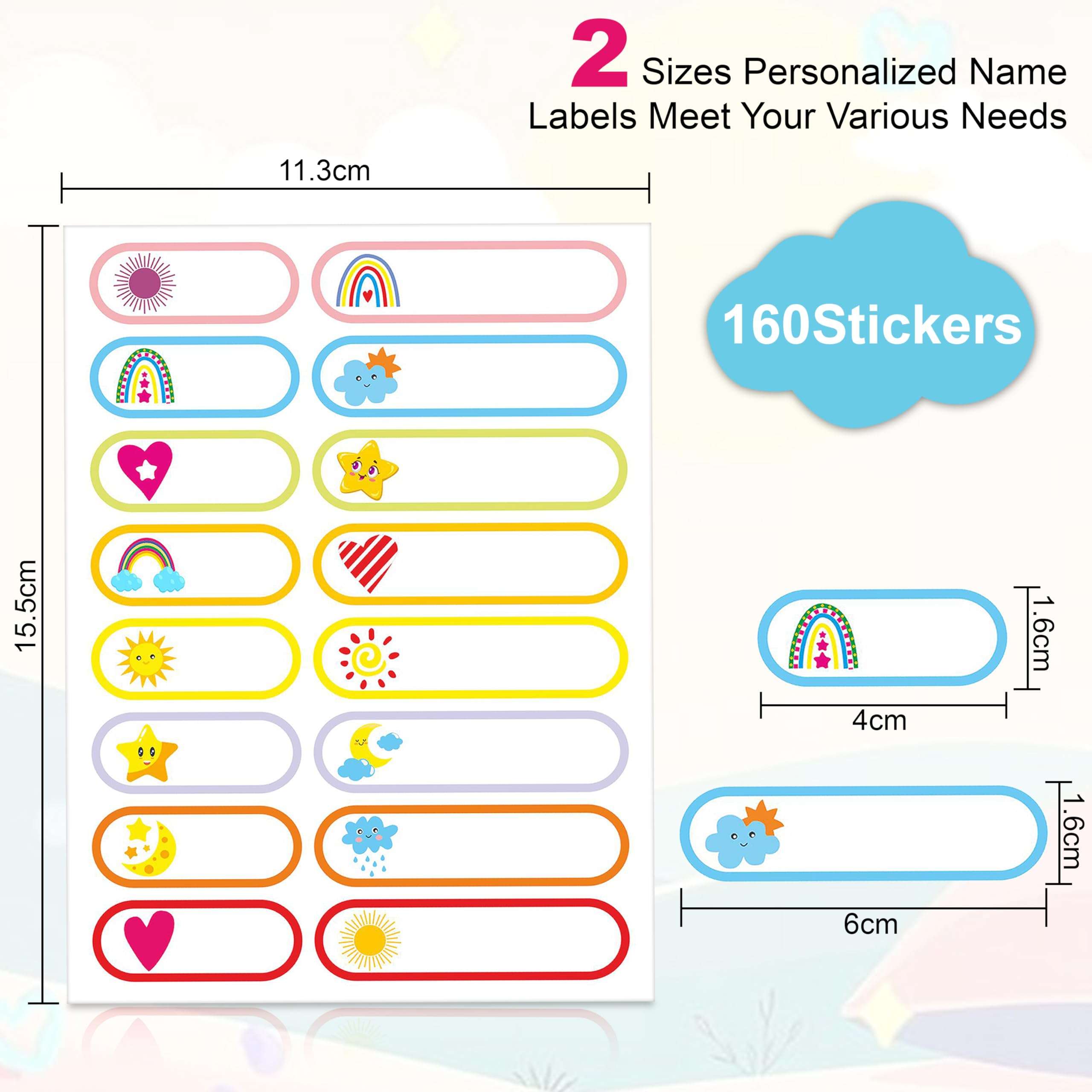 GLUN Waterproof Name Stickers, 160 Durable Labels (10 Sheets) for Baby, Kids Bottles, Lunch, Kitchen & Pantry Reusable Self-Adhesive Stickers Pack of 1, 160 Labels 4