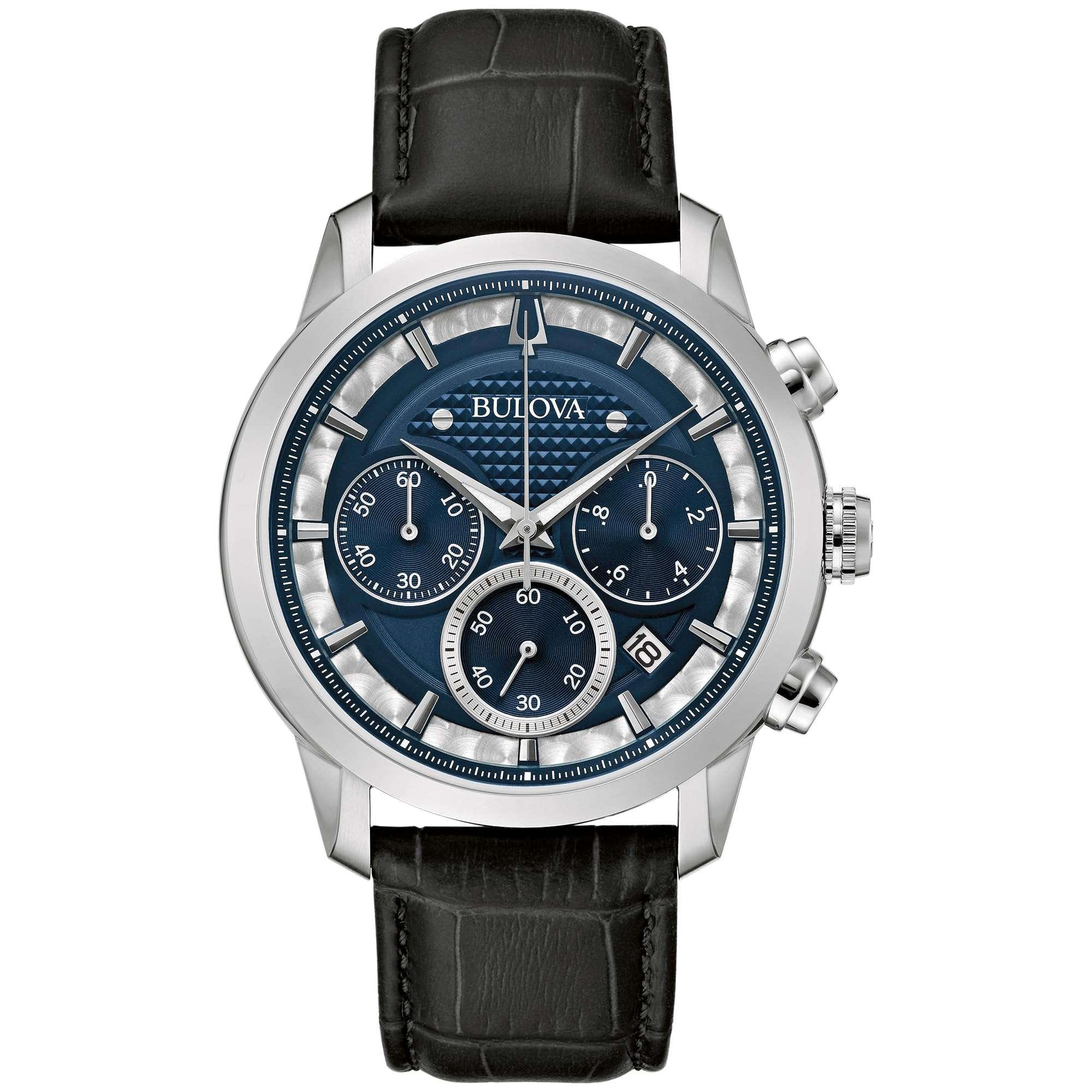 Bulova Men's Classic Sutton 6-Hand Chronograph Quartz Silver Stainless Steel Case Watch with Black Leather Strap, Blue Dial, 44mm Style: 96B420