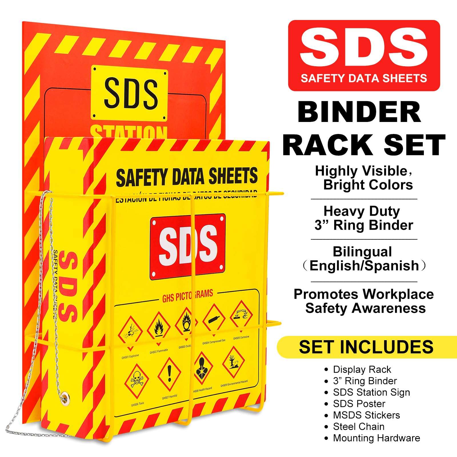 MSDS SDS Binder and Wall Station,Yellow Heavy Duty 3 Inch Material Safety Data Sheet 3 Ring Binder with SDS Wire Rack and Display Sign, Chain,Mounting Hardware,Safety Posters,MSDS Labels 6